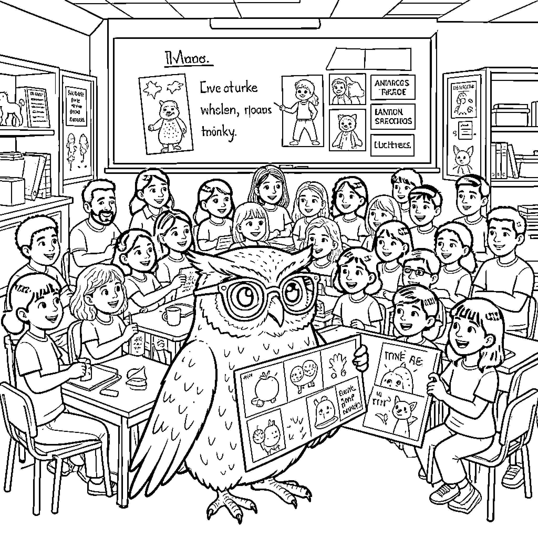 Owl teaching students in a classroom Coloring Page (free black-and-white line drawing printable PDF for all, from beginners to advanced learners, including children, teens, adults, and seniors)