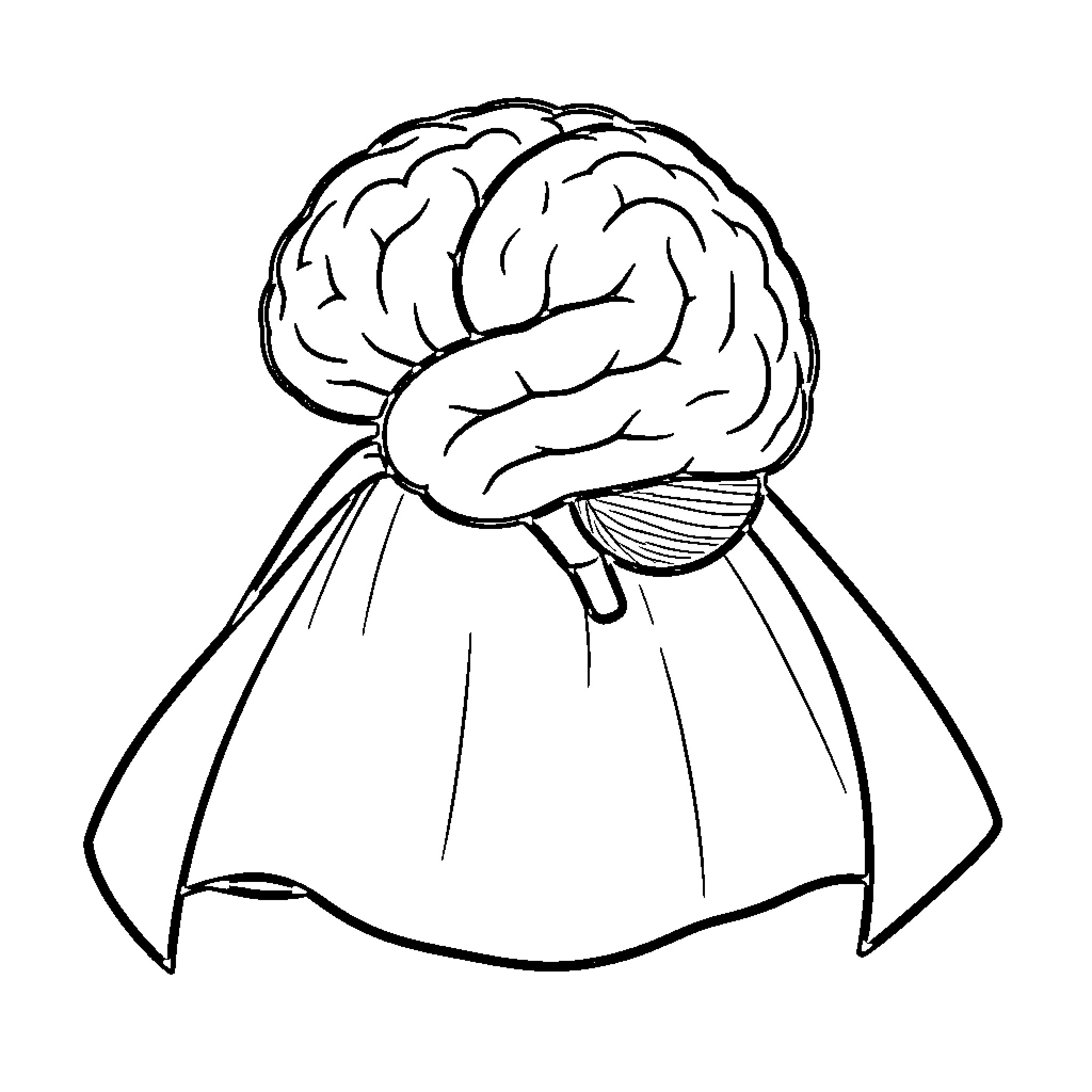 Brain with superhero cape in action Coloring Page (free black-and-white line drawing printable PDF for all, from beginners to advanced learners, including children, teens, adults, and seniors)