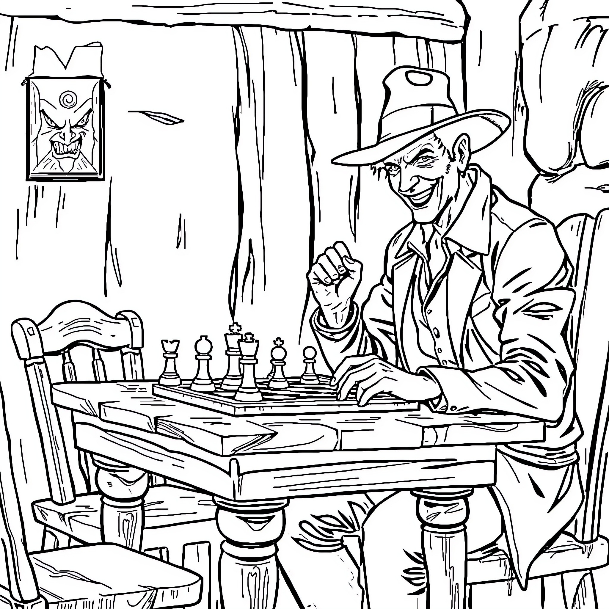 Indiana Jones playing chess in a mysterious cabin Coloring Page (free black-and-white line drawing printable PDF for all, from beginners to advanced learners, including children, teens, adults, and seniors)