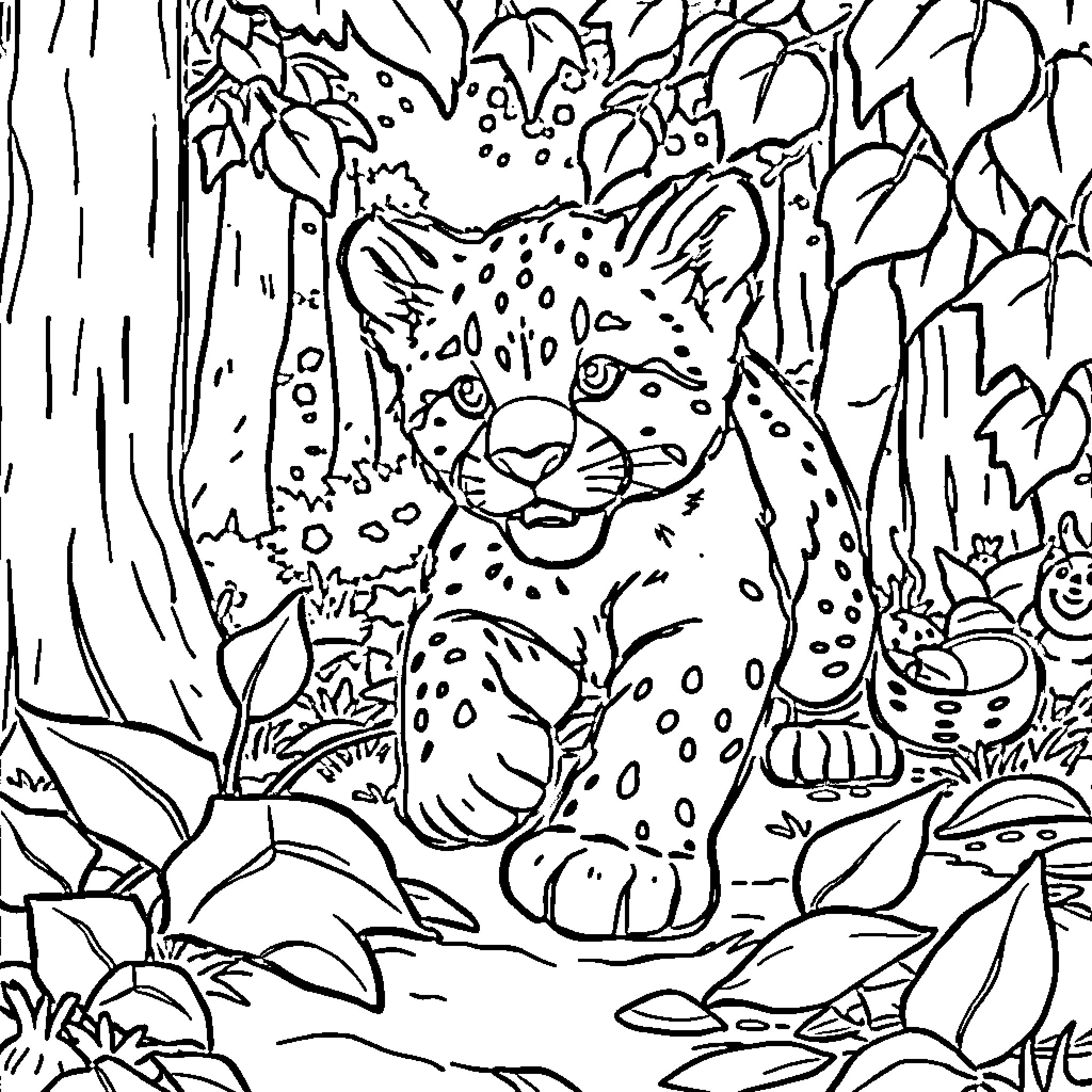 Cougar exploring the lush forest Coloring Page (free black-and-white line drawing printable PDF for all, from beginners to advanced learners, including children, teens, adults, and seniors)