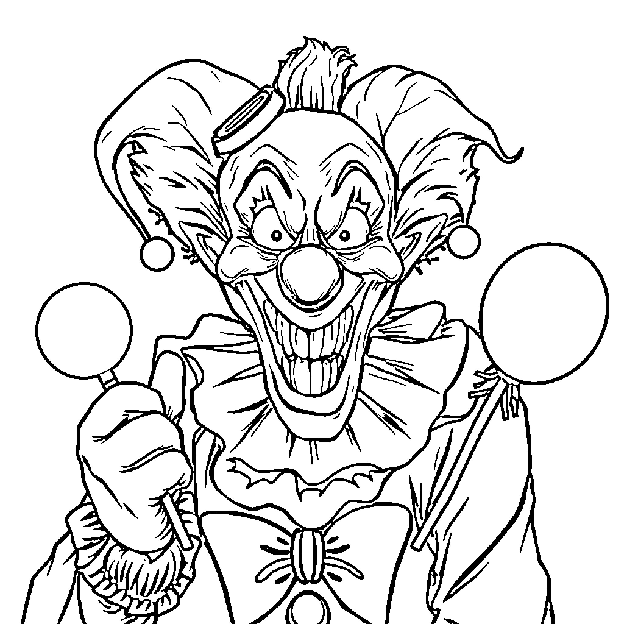 Clown with exaggerated expressions and costume Coloring Page (free black-and-white line drawing printable PDF for all, from beginners to advanced learners, including children, teens, adults, and seniors)