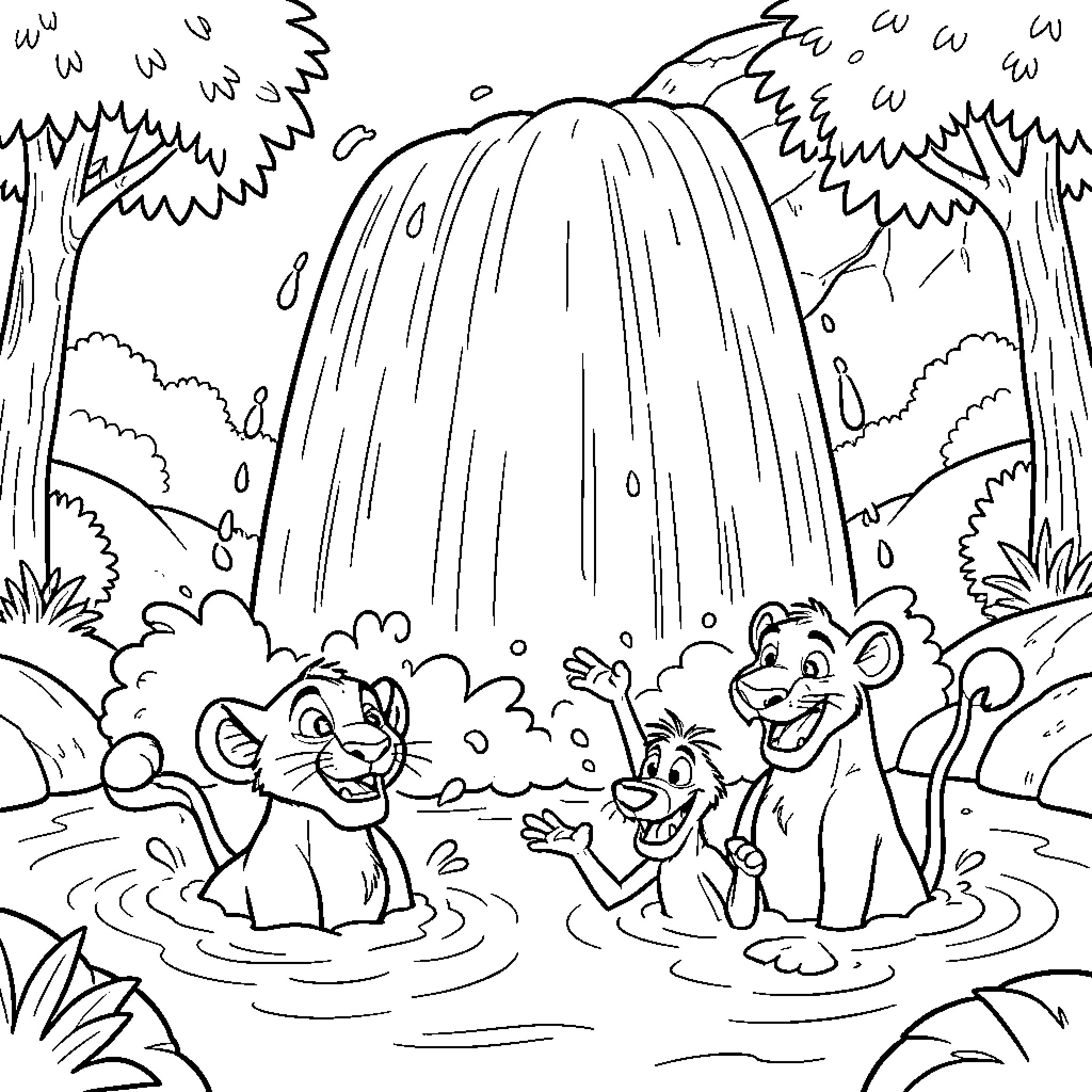 Simba and friends playing in a jungle pool Coloring Page (free black-and-white line drawing printable PDF for all, from beginners to advanced learners, including children, teens, adults, and seniors)