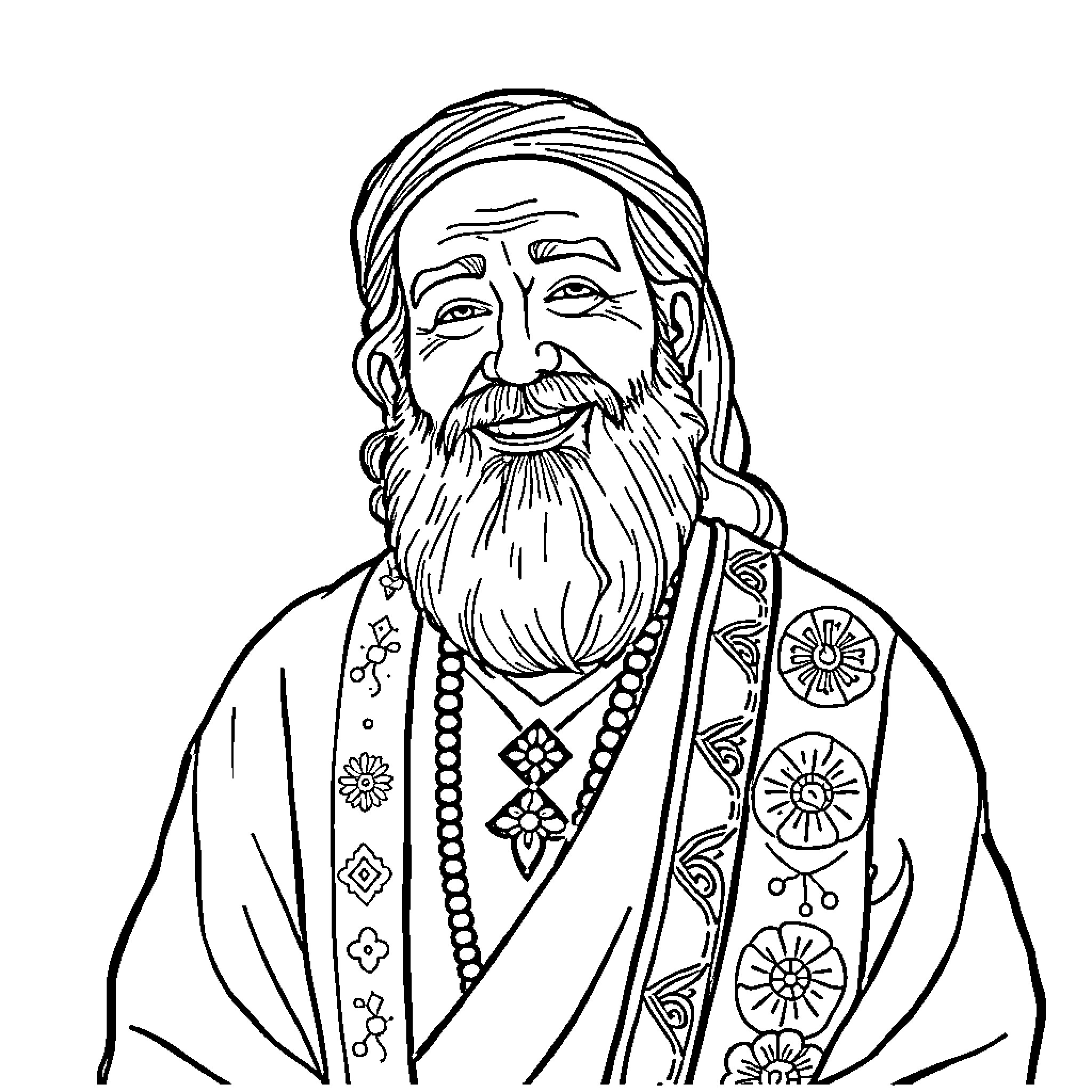 Rumi, the Wise and Benevolent Spiritual Leader Coloring Page (free black-and-white line drawing printable PDF for all, from beginners to advanced learners, including children, teens, adults, and seniors)
