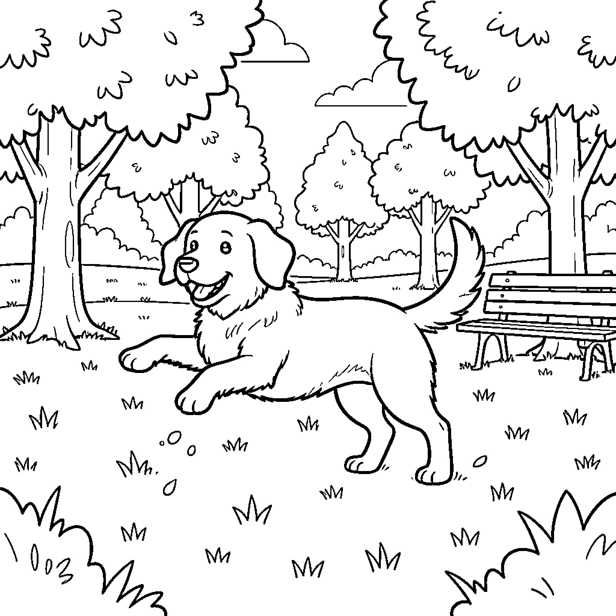 Dog playing happily in the park Coloring Page (free black-and-white line drawing printable PDF for all, from beginners to advanced learners, including children, teens, adults, and seniors)