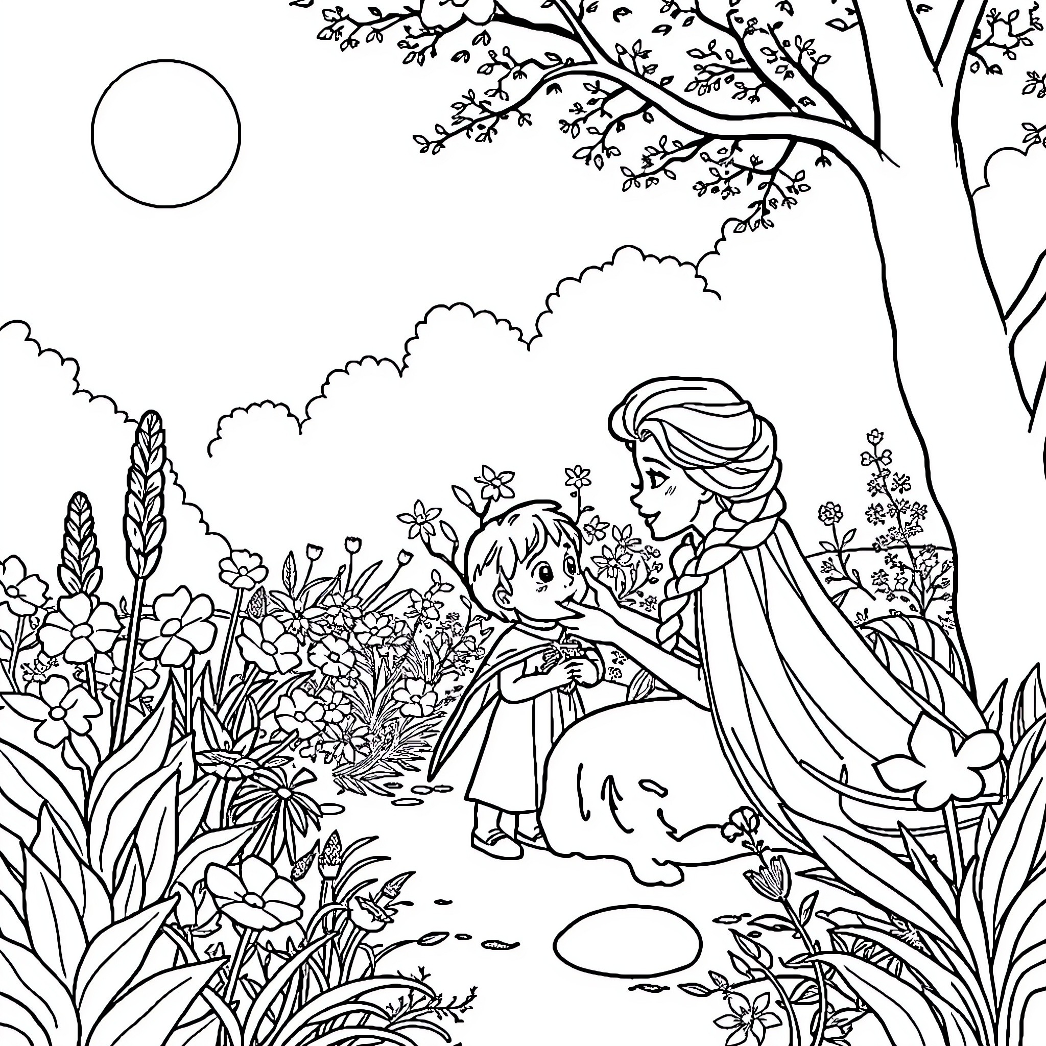 Elsa and Anna explore the enchanted forest Coloring Page (free black-and-white line drawing printable PDF for all, from beginners to advanced learners, including children, teens, adults, and seniors)
