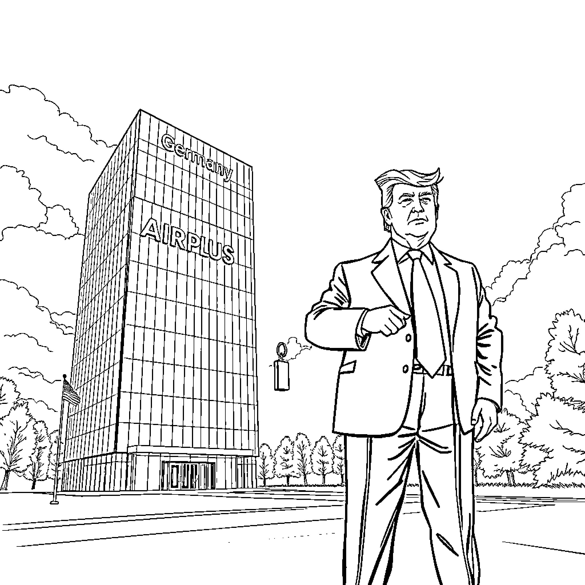 Donald Trump standing in front of Airbus building Coloring Page (free black-and-white line drawing printable PDF for all, from beginners to advanced learners, including children, teens, adults, and seniors)