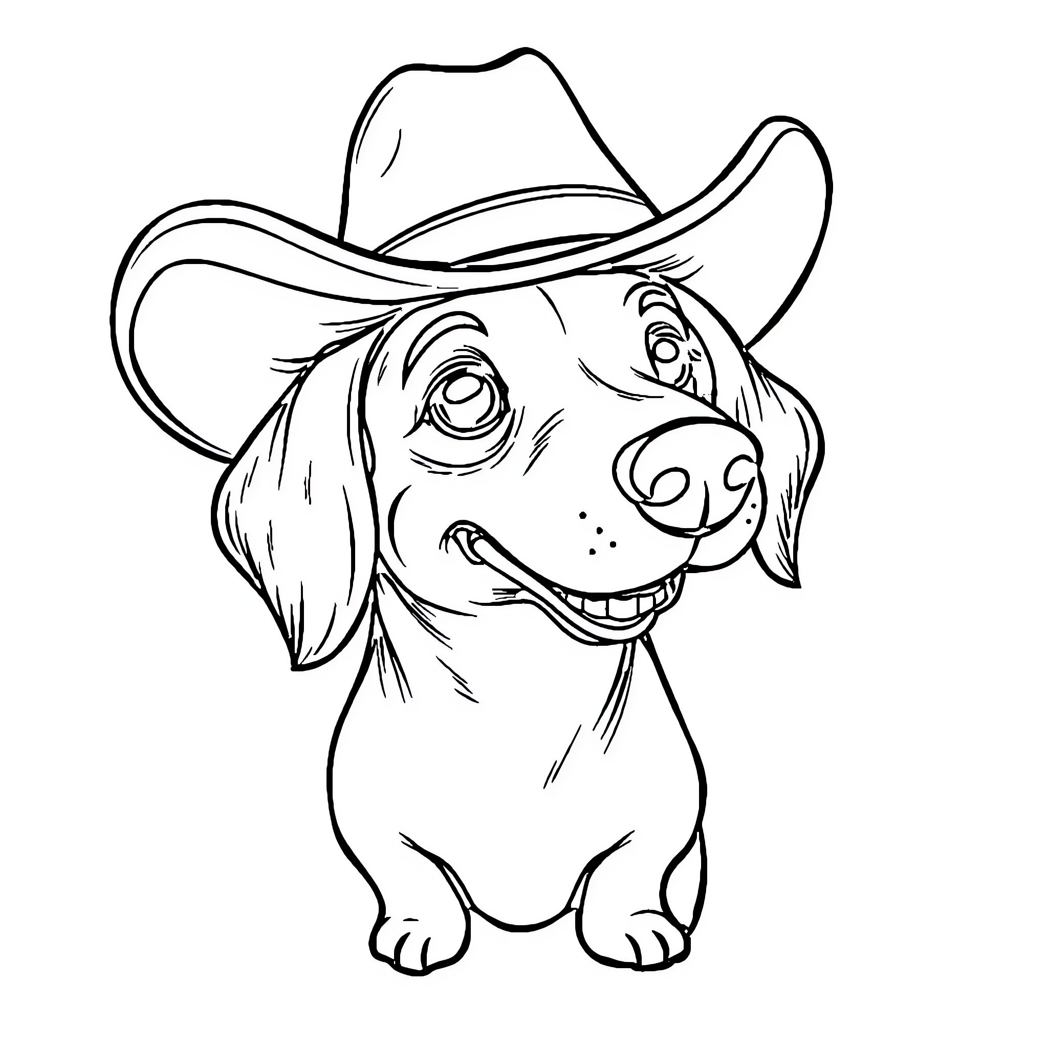 Sausage Dog wearing a Cowboy Hat Coloring Page (free black-and-white line drawing printable PDF for all, from beginners to advanced learners, including children, teens, adults, and seniors)