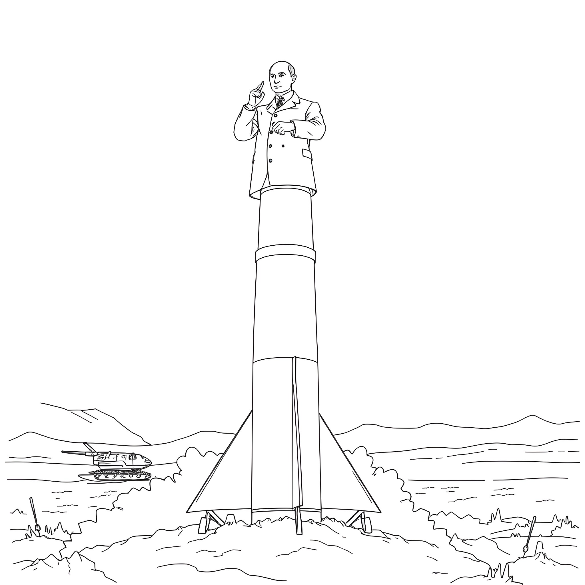 Putin Delivering a Speech on a Tall Podium Coloring Page (free black-and-white line drawing printable PDF for all, from beginners to advanced learners, including children, teens, adults, and seniors)