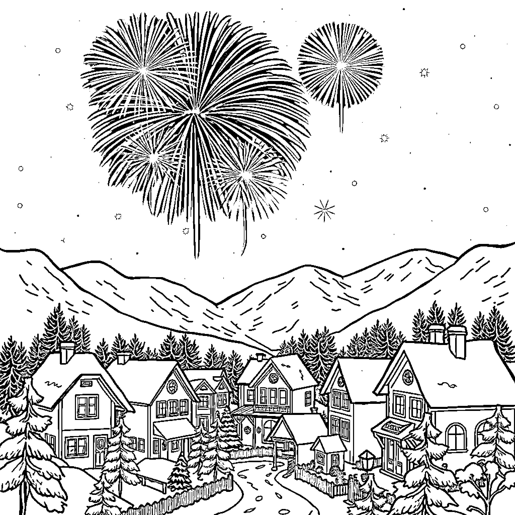 Firework display over a winter village scene Coloring Page (free black-and-white line drawing printable PDF for all, from beginners to advanced learners, including children, teens, adults, and seniors)