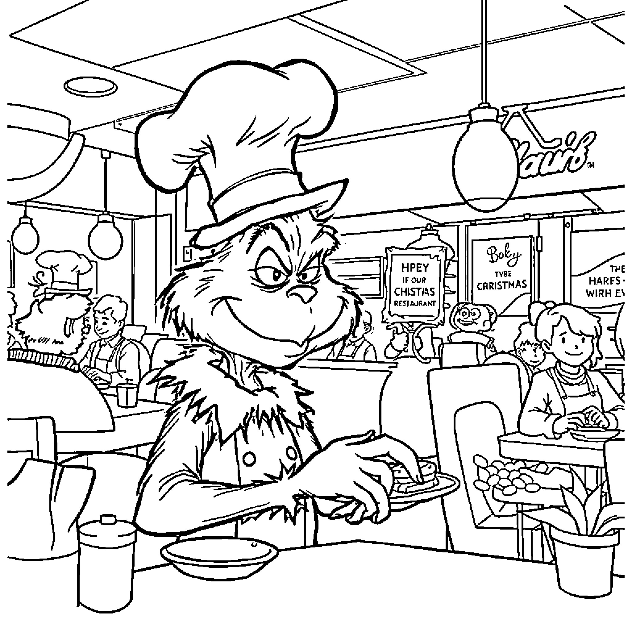 Grinch working as a chef in a busy kitchen Coloring Page (free black-and-white line drawing printable PDF for all, from beginners to advanced learners, including children, teens, adults, and seniors)