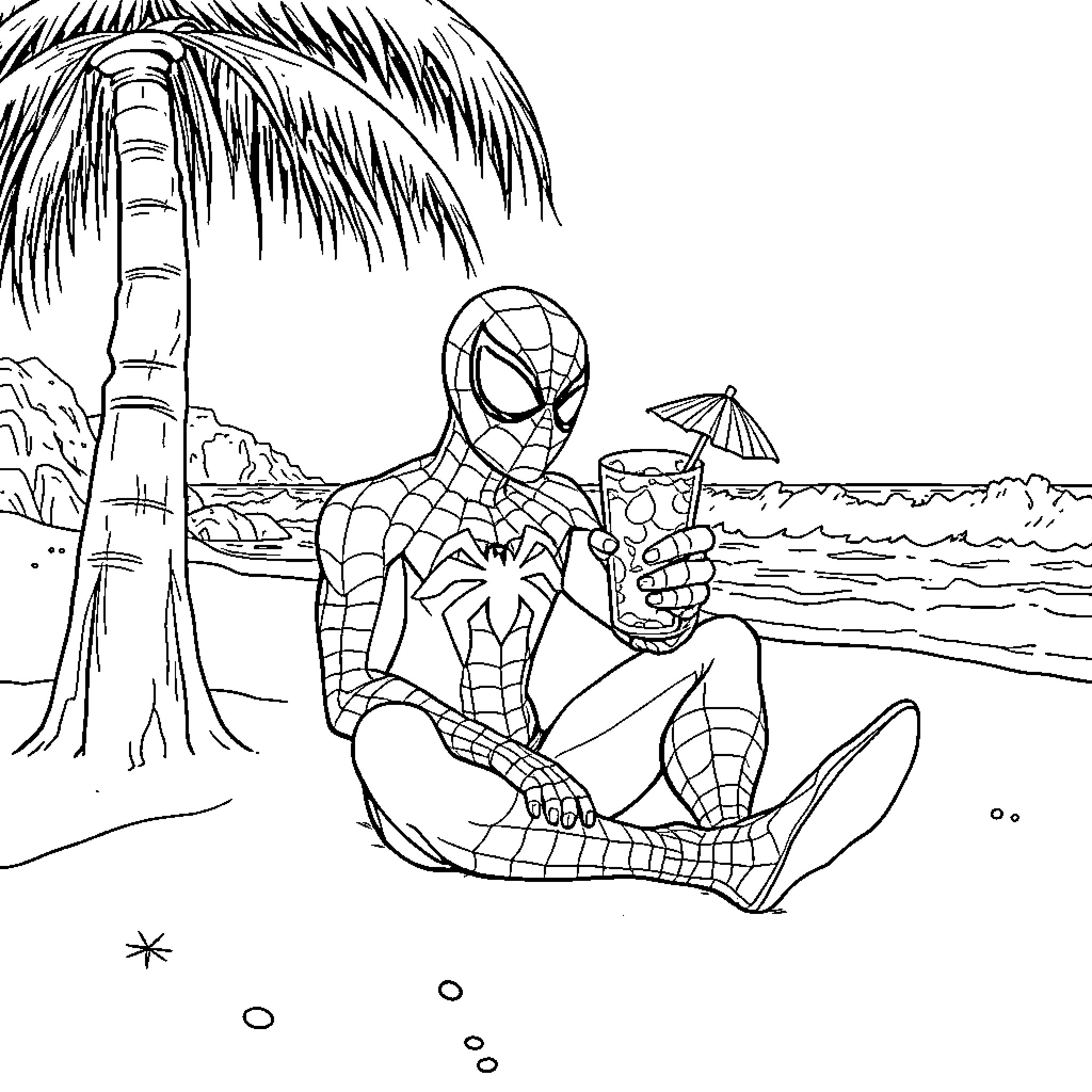 Spiderman relaxing on the beach Coloring Page (free black-and-white line drawing printable PDF for all, from beginners to advanced learners, including children, teens, adults, and seniors)