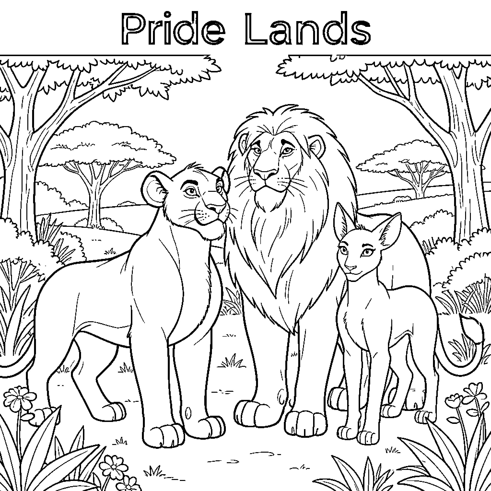 Simba with lion family in Pride Lands Coloring Page (free black-and-white line drawing printable PDF for all, from beginners to advanced learners, including children, teens, adults, and seniors)
