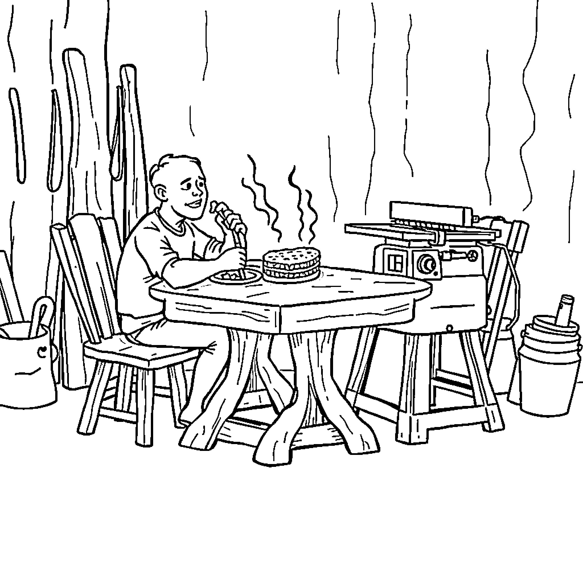 Tablesaw workshop with artist working on a painting Coloring Page (free black-and-white line drawing printable PDF for all, from beginners to advanced learners, including children, teens, adults, and seniors)