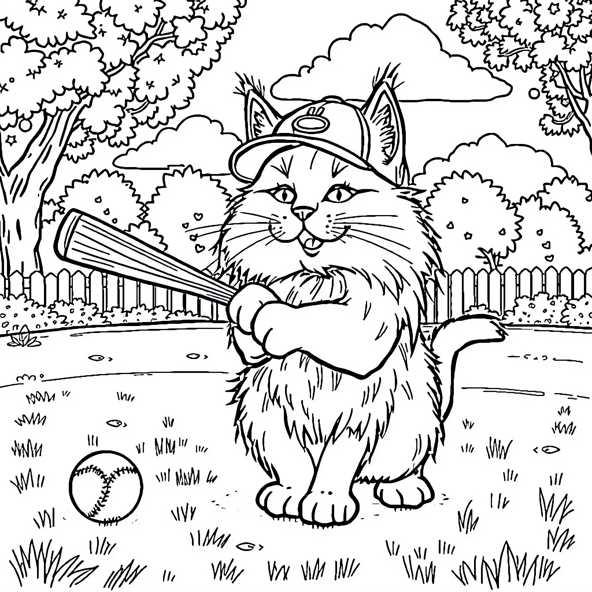 Cat in a Hat Playing in the Backyard Coloring Page (free black-and-white line drawing printable PDF for all, from beginners to advanced learners, including children, teens, adults, and seniors)