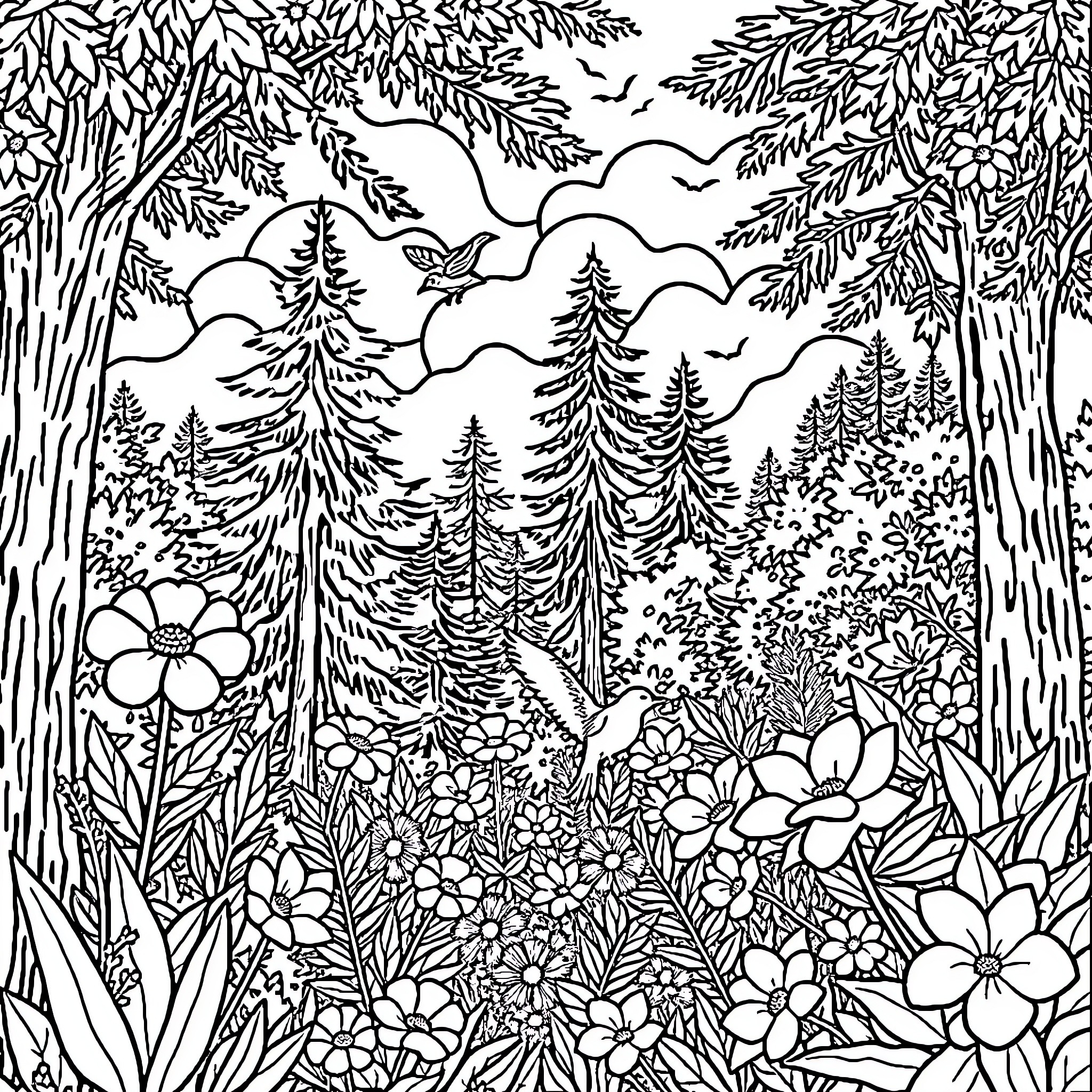 Nature's Enchanted Forest Dreamscape Coloring Page (free black-and-white line drawing printable PDF for all, from beginners to advanced learners, including children, teens, adults, and seniors)