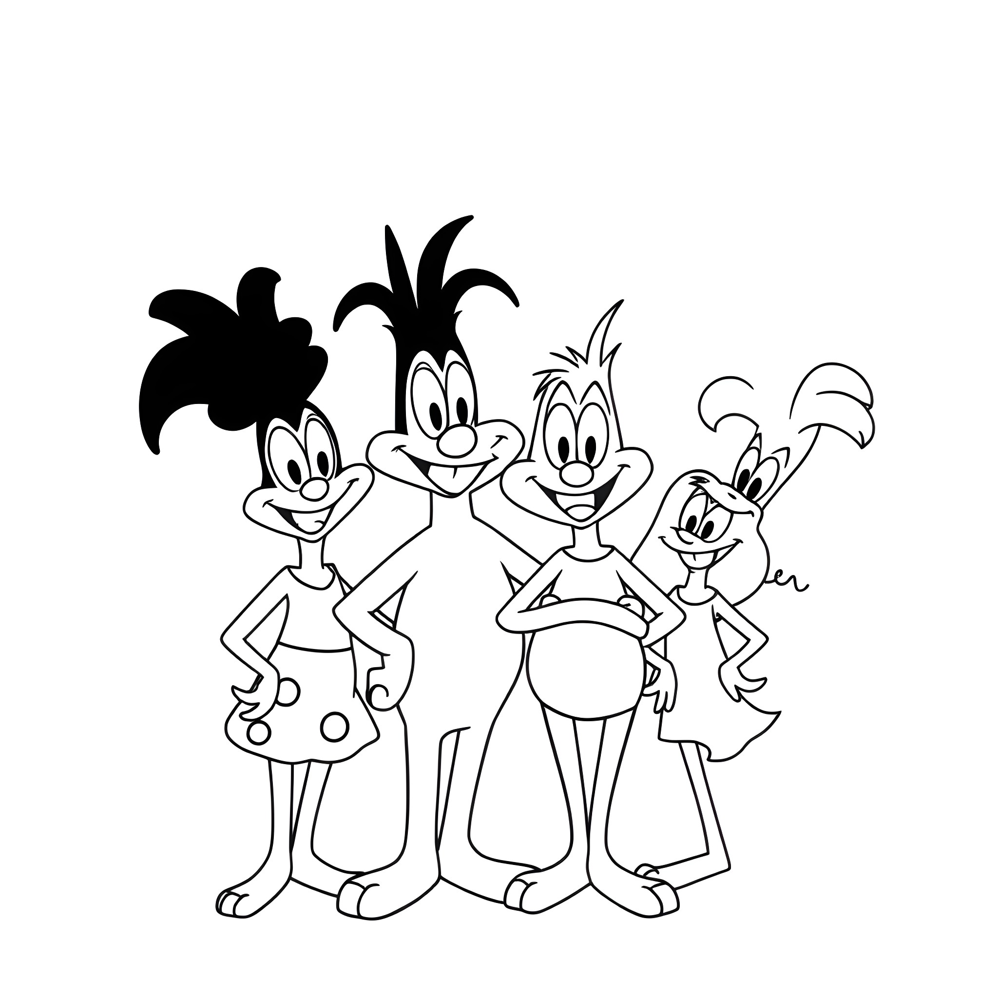 Animaniacs characters in comical poses Coloring Page (free black-and-white line drawing printable PDF for all, from beginners to advanced learners, including children, teens, adults, and seniors)