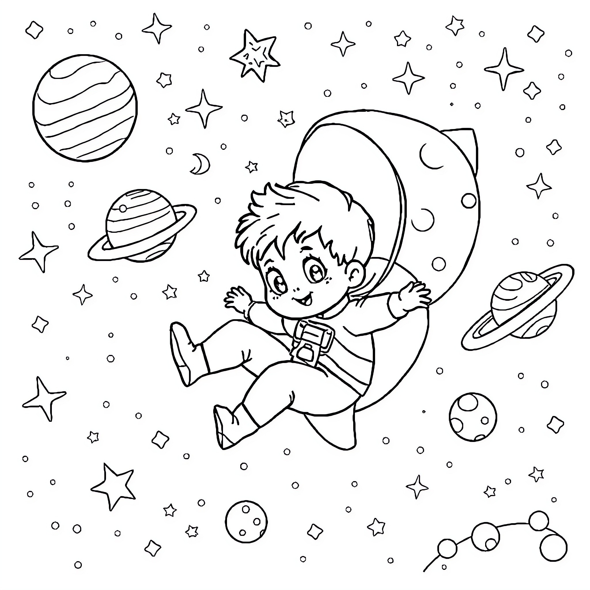 Kid floating in space with planets and stars Coloring Page (free black-and-white line drawing printable PDF for all, from beginners to advanced learners, including children, teens, adults, and seniors)