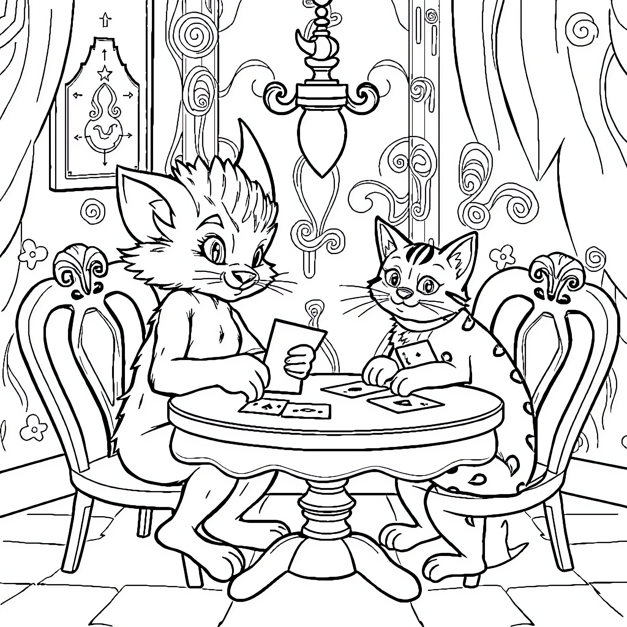 Dolphin friends having tea party in lavish parlor Coloring Page (free black-and-white line drawing printable PDF for all, from beginners to advanced learners, including children, teens, adults, and seniors)