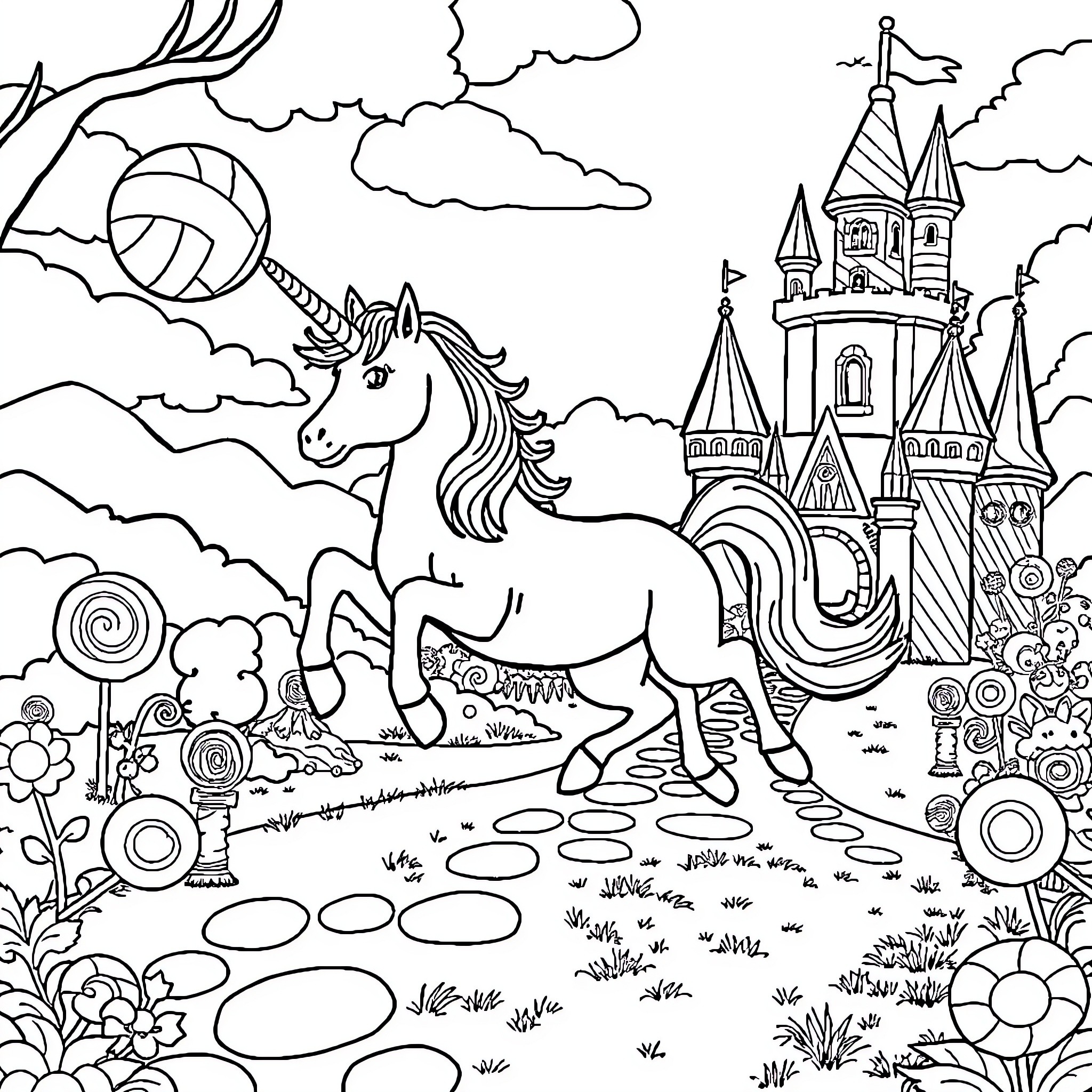 Unicorn playing in a magical fantasy landscape Coloring Page (free black-and-white line drawing printable PDF for all, from beginners to advanced learners, including children, teens, adults, and seniors)