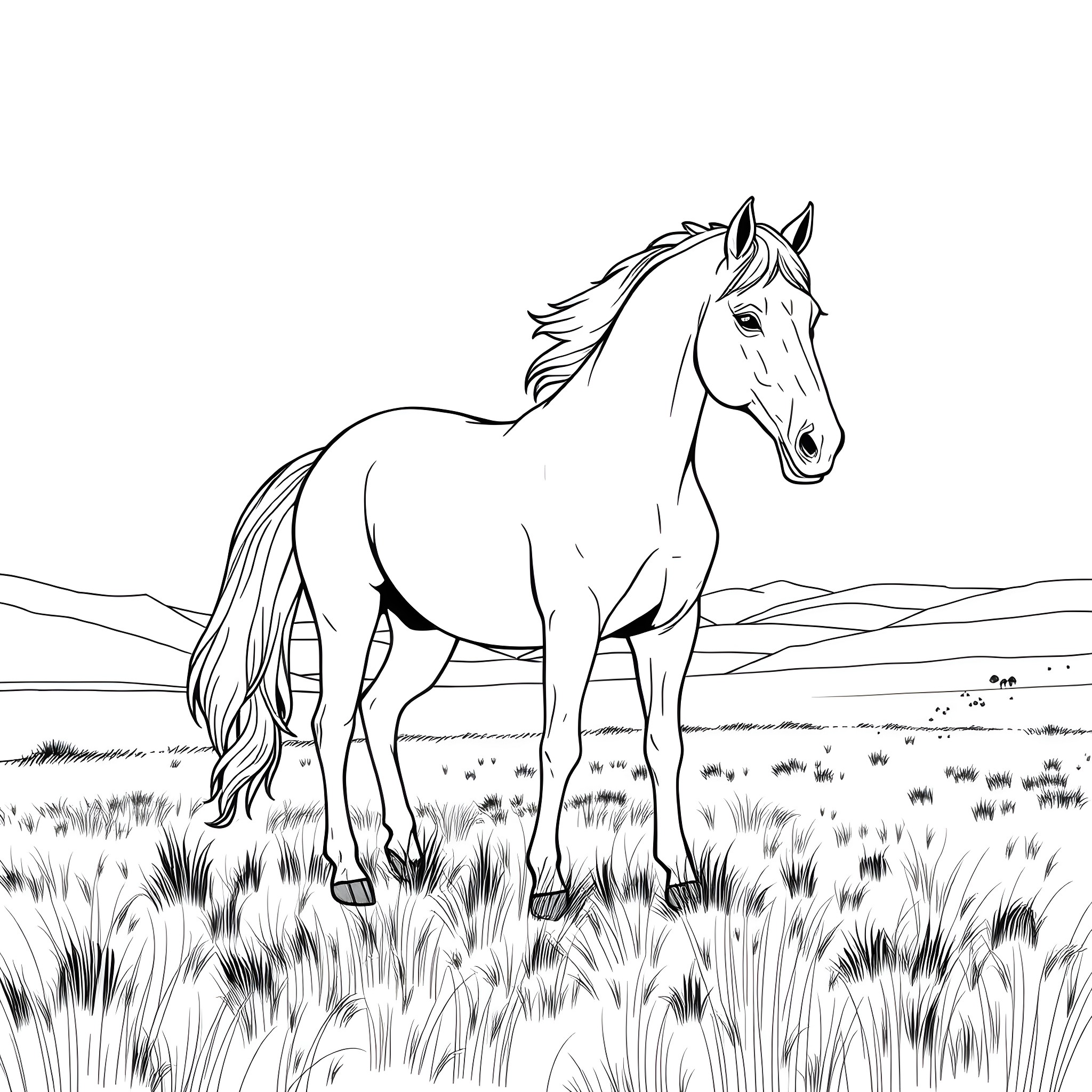 Horse standing proudly in the grassy landscape Coloring Page (free black-and-white line drawing printable PDF for all, from beginners to advanced learners, including children, teens, adults, and seniors)