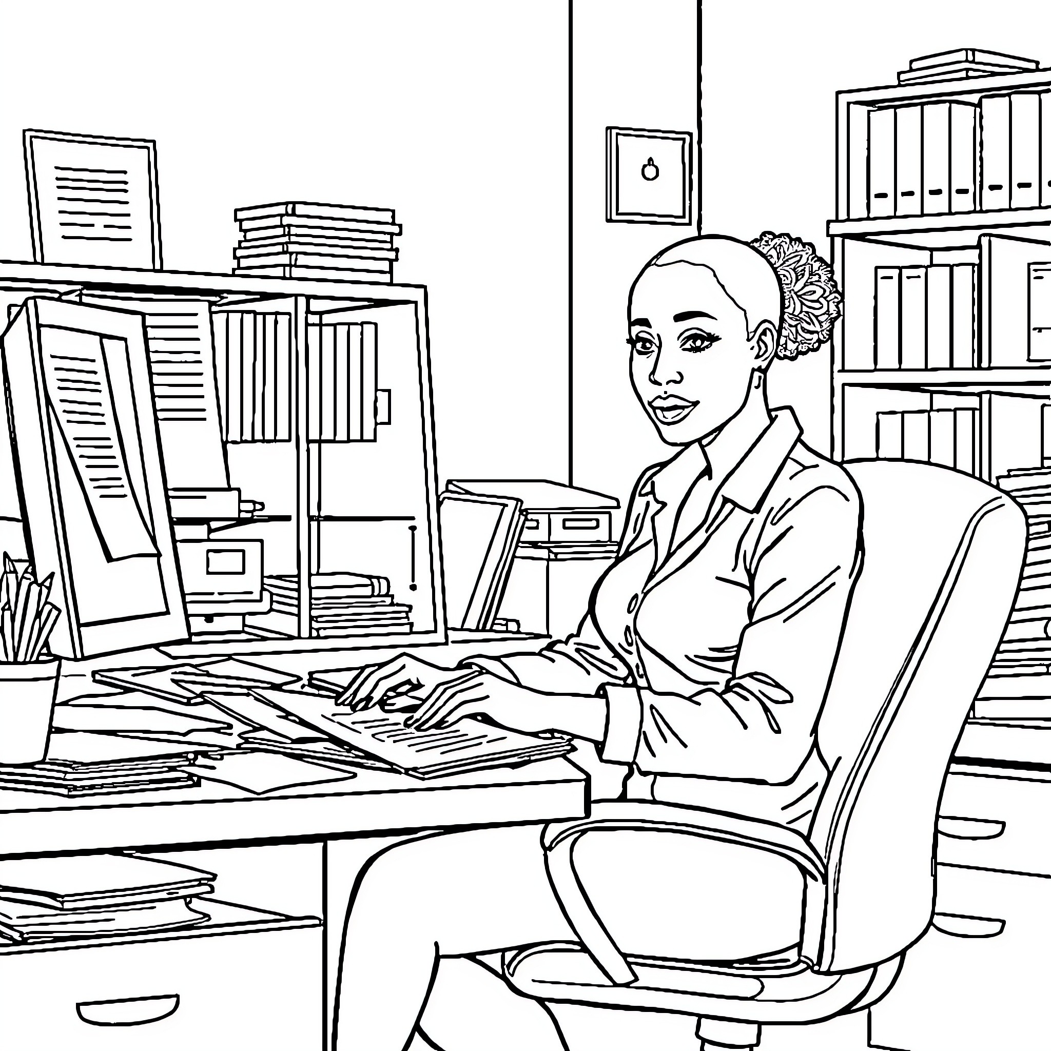 Woman Working Diligently at Office Desk Coloring Page (free black-and-white line drawing printable PDF for all, from beginners to advanced learners, including children, teens, adults, and seniors)