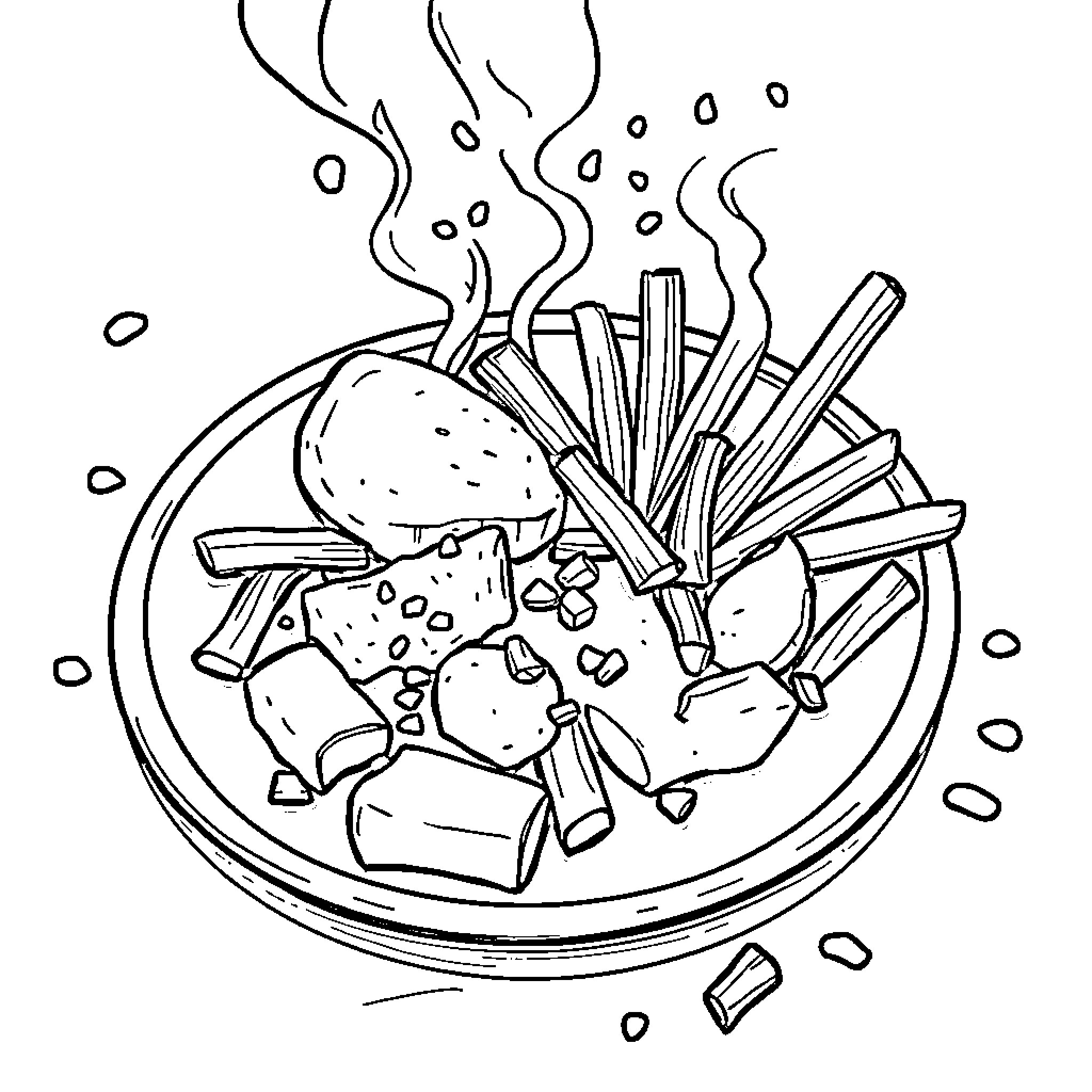 Food served in a steaming bowl Coloring Page (free black-and-white line drawing printable PDF for all, from beginners to advanced learners, including children, teens, adults, and seniors)