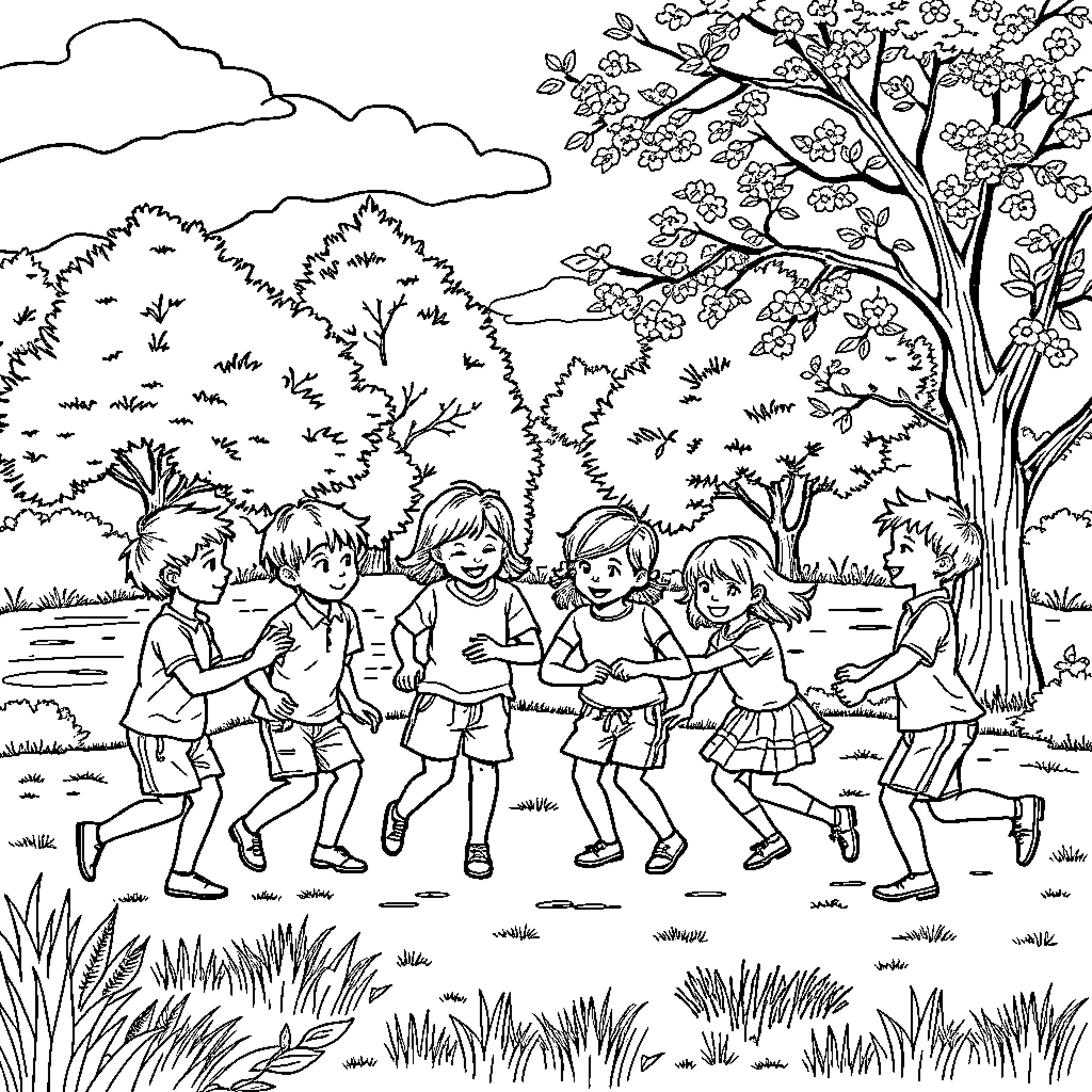 Seven Children Playing Joyfully in Scenic Outdoor Setting Coloring Page (free black-and-white line drawing printable PDF for all, from beginners to advanced learners, including children, teens, adults, and seniors)