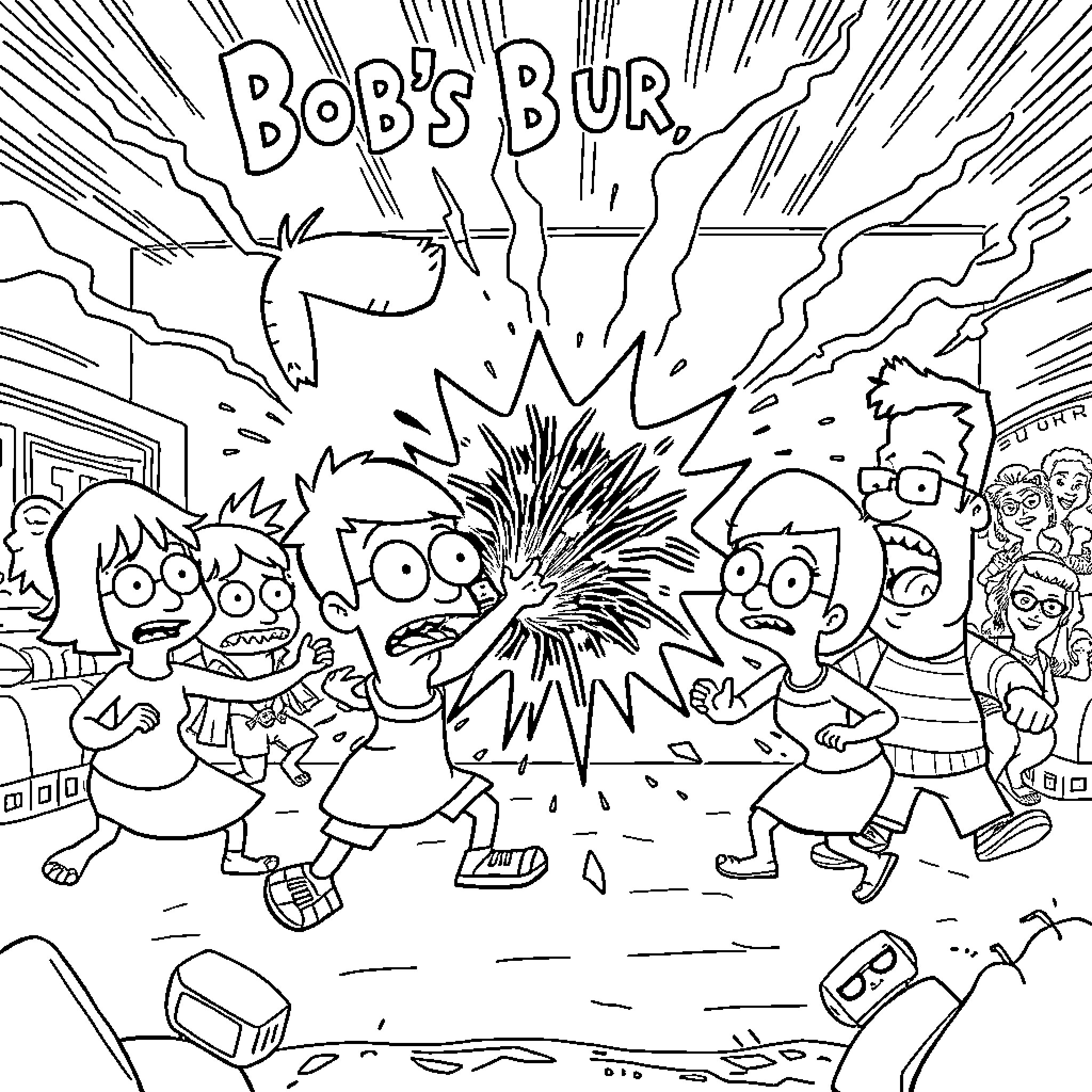 Bob's Burgers: Raucous family adventure in the town Coloring Page (free black-and-white line drawing printable PDF for all, from beginners to advanced learners, including children, teens, adults, and seniors)