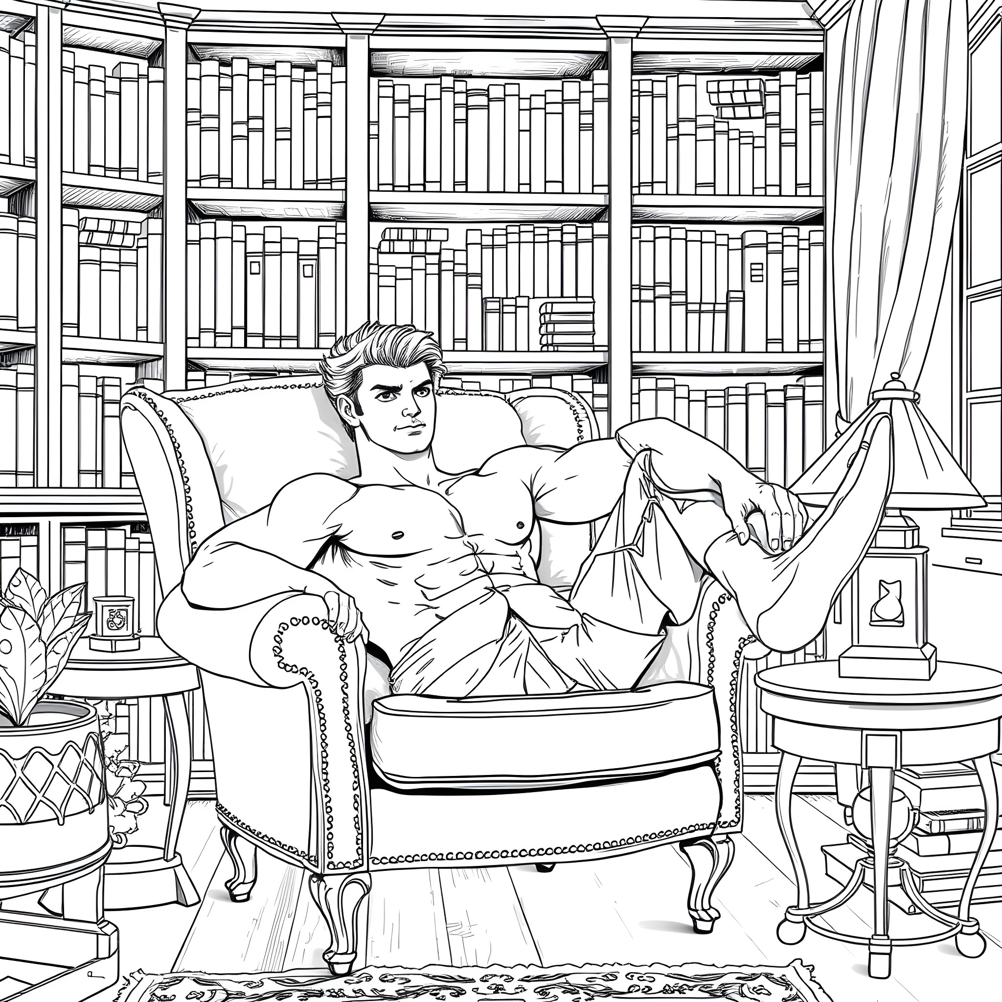 Henry Cavill Relaxing in a Cozy Library Coloring Page (free black-and-white line drawing printable PDF for all, from beginners to advanced learners, including children, teens, adults, and seniors)