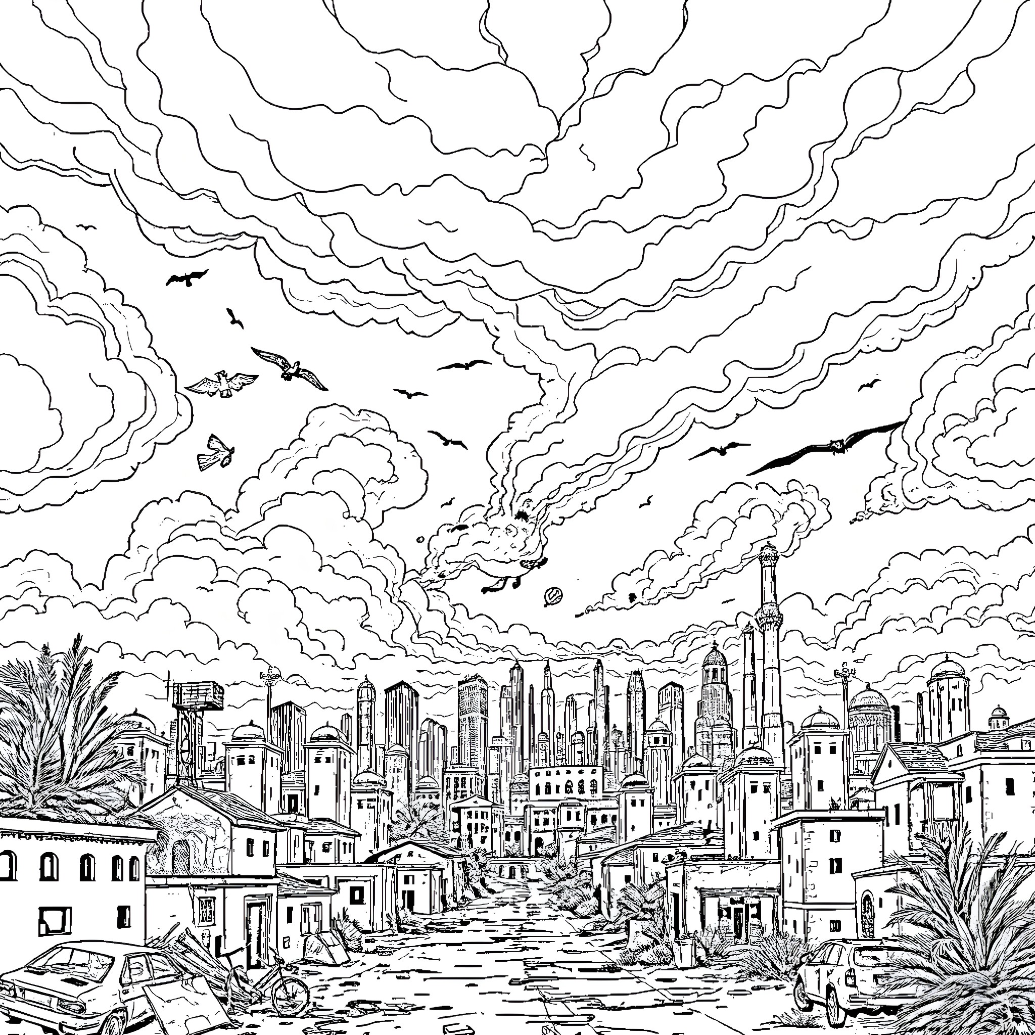 End of the Stormy City Skyline Coloring Page (free black-and-white line drawing printable PDF for all, from beginners to advanced learners, including children, teens, adults, and seniors)