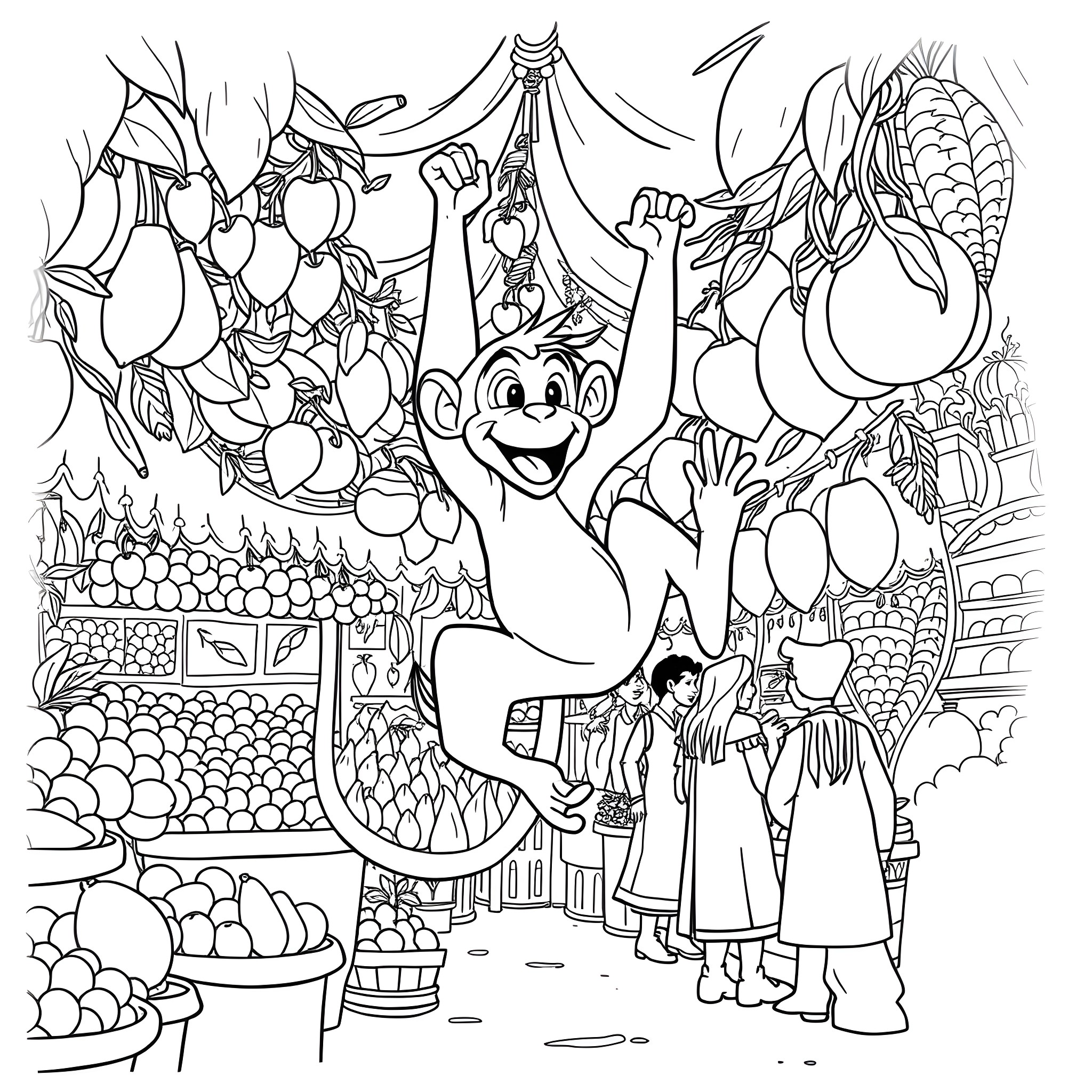 Abu's Colorful Adventure at the Marketplace Coloring Page (free black-and-white line drawing printable PDF for all, from beginners to advanced learners, including children, teens, adults, and seniors)