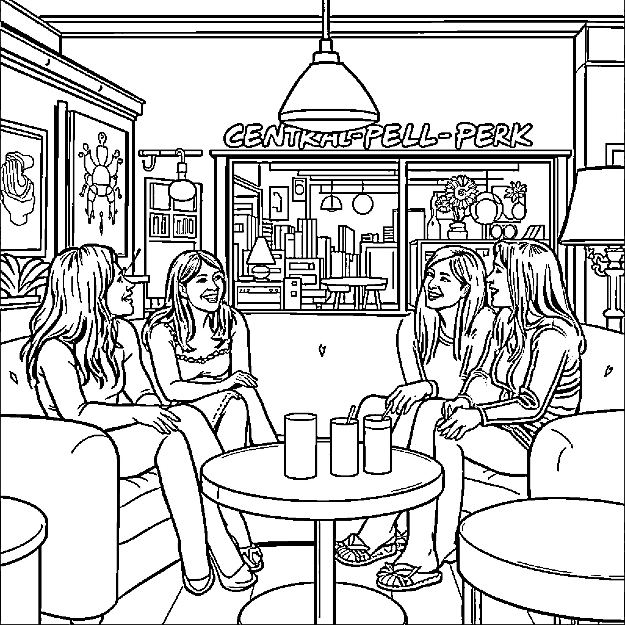 Friends chatting in a cozy cafe Coloring Page (free black-and-white line drawing printable PDF for all, from beginners to advanced learners, including children, teens, adults, and seniors)