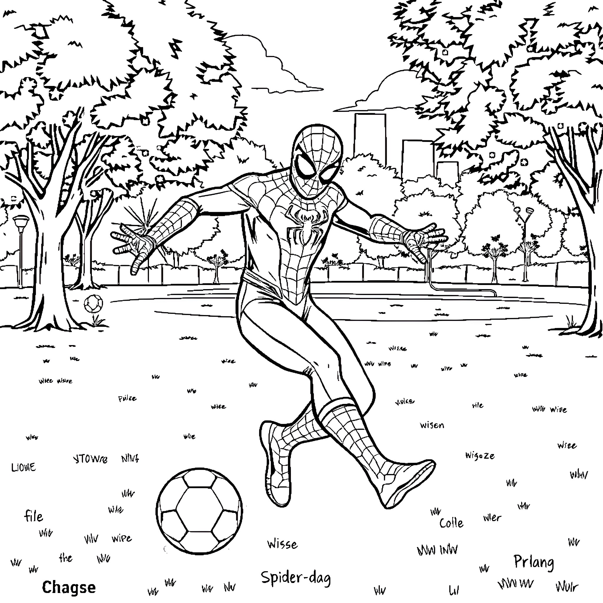 Spiderman kicking a soccer ball in a park Coloring Page (free black-and-white line drawing printable PDF for all, from beginners to advanced learners, including children, teens, adults, and seniors)