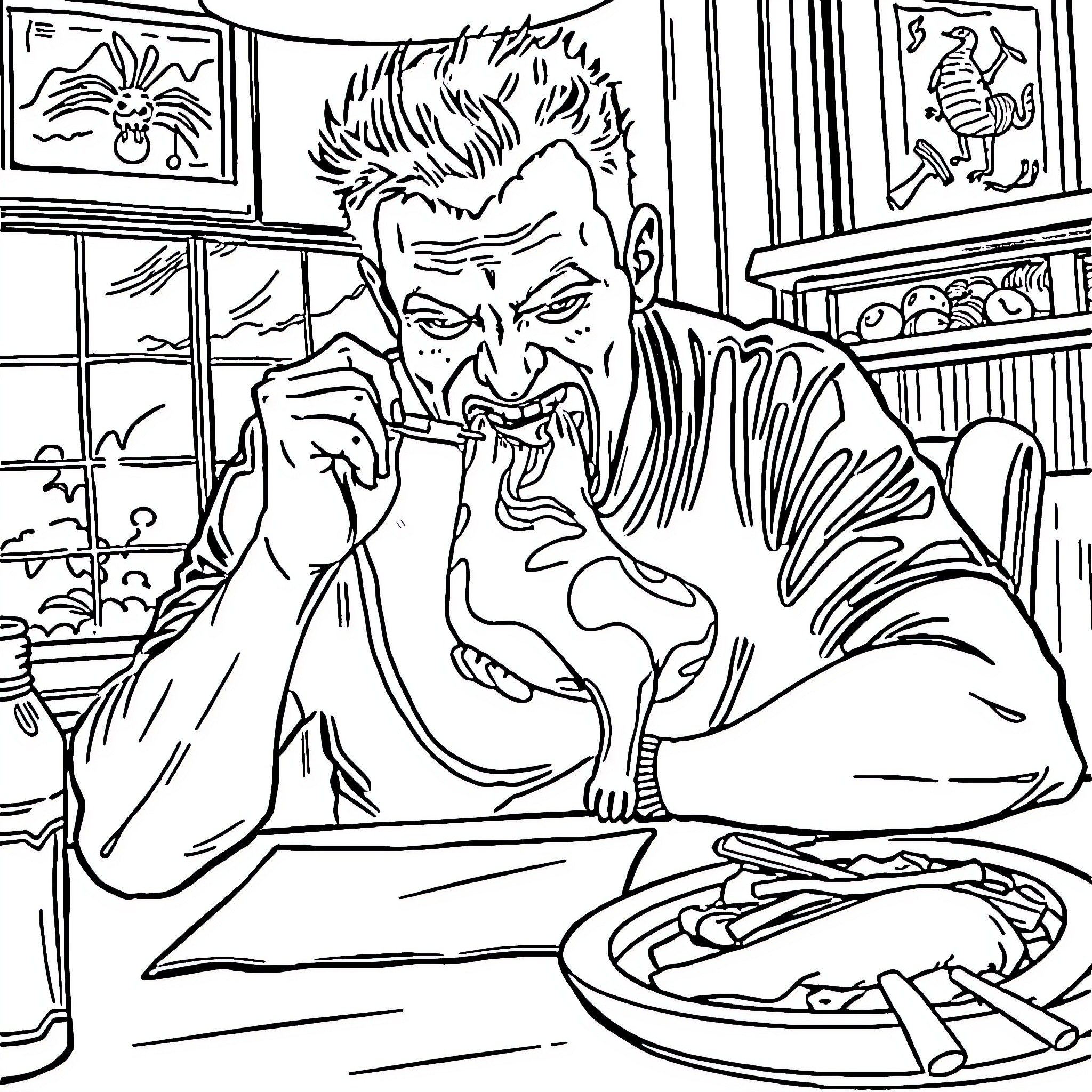 Guy enjoying a hearty meal in a cozy setting Coloring Page (free black-and-white line drawing printable PDF for all, from beginners to advanced learners, including children, teens, adults, and seniors)