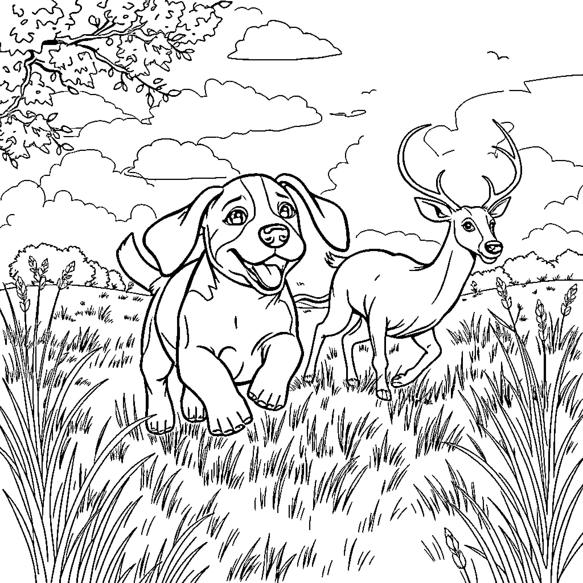 Beagle and deer in the woods Coloring Page (free black-and-white line drawing printable PDF for all, from beginners to advanced learners, including children, teens, adults, and seniors)