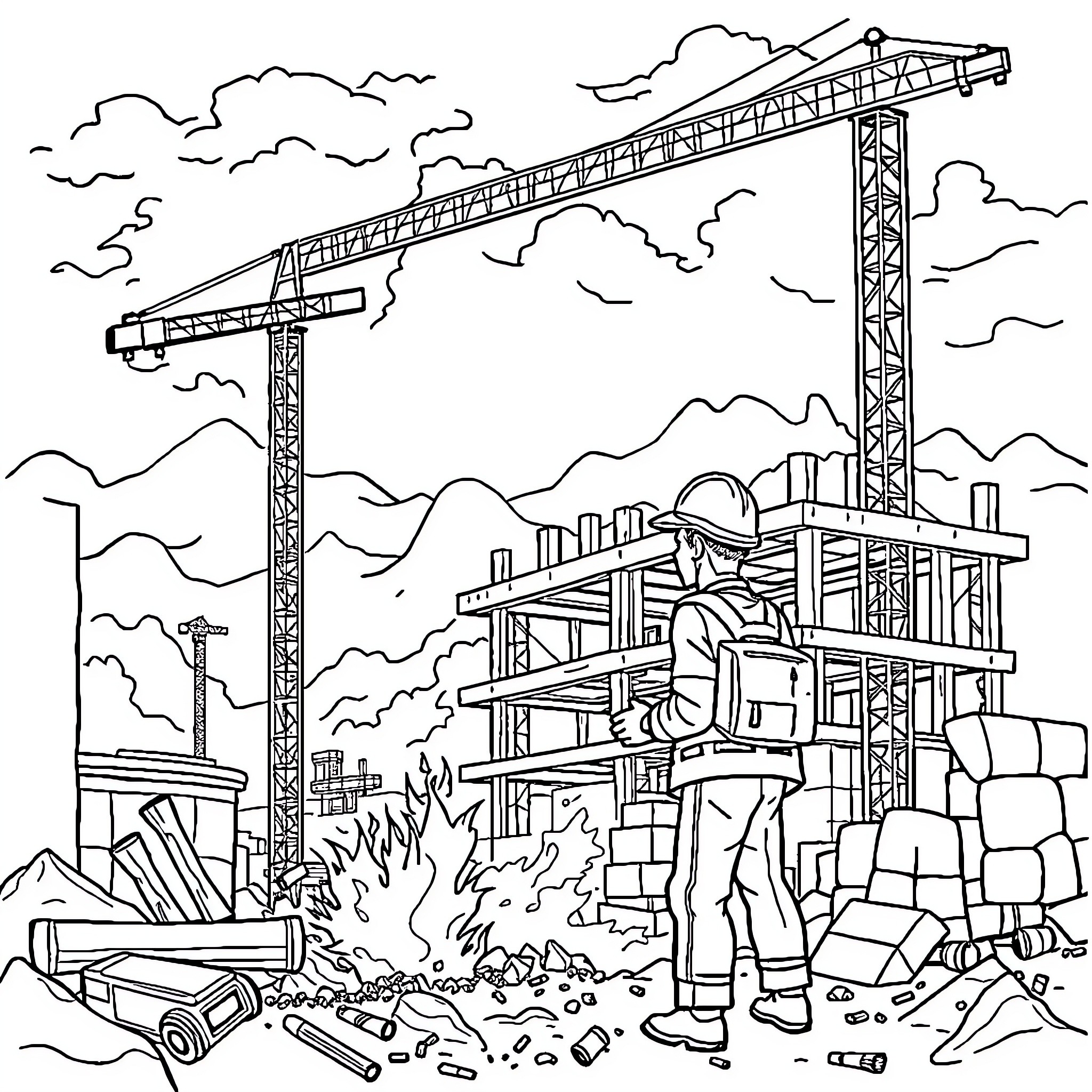 Construction workers building a skyscraper on site Coloring Page (free black-and-white line drawing printable PDF for all, from beginners to advanced learners, including children, teens, adults, and seniors)