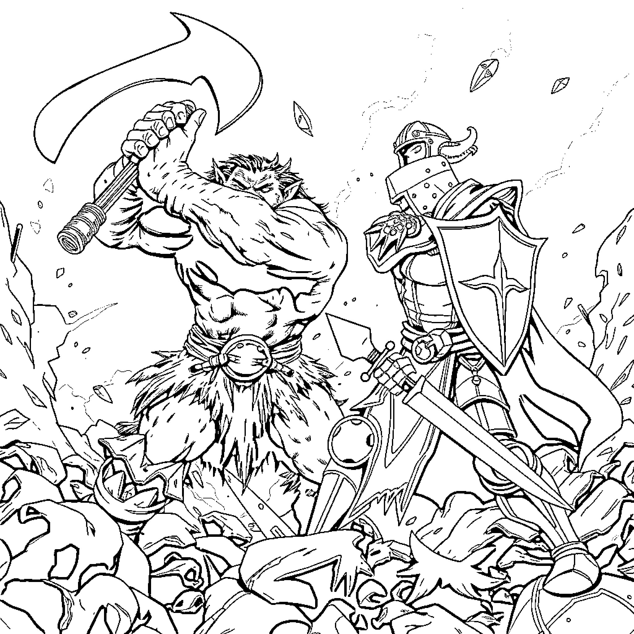 Orc warrior battling against knight with shield Coloring Page (free black-and-white line drawing printable PDF for all, from beginners to advanced learners, including children, teens, adults, and seniors)