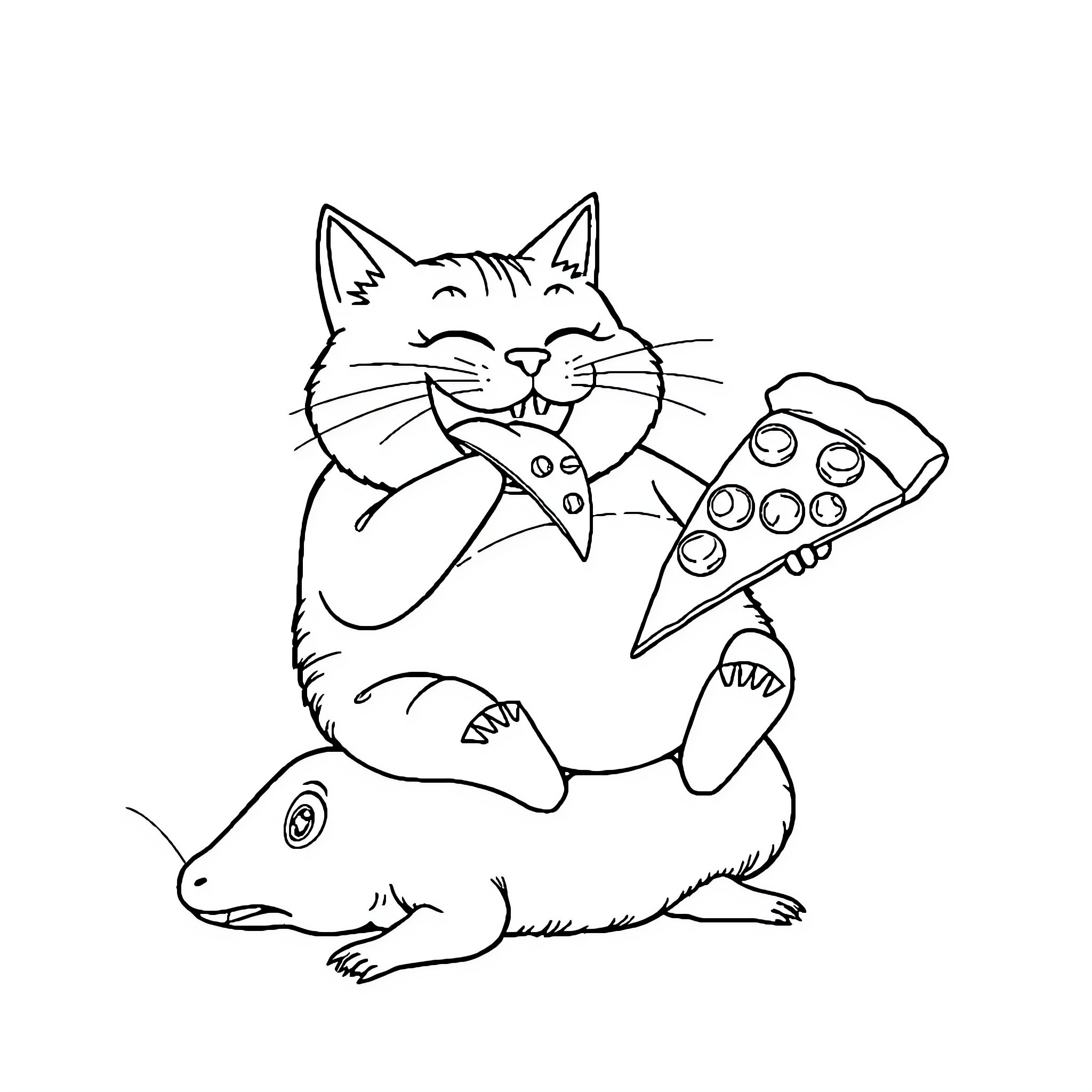 Cat enjoying pizza with a rodent friend Coloring Page (free black-and-white line drawing printable PDF for all, from beginners to advanced learners, including children, teens, adults, and seniors)