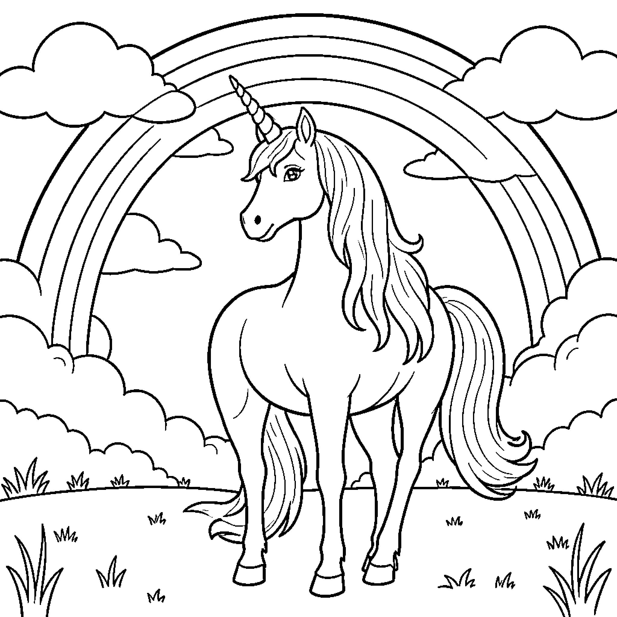 Unicorn standing majestically under a large rainbow Coloring Page (free black-and-white line drawing printable PDF for all, from beginners to advanced learners, including children, teens, adults, and seniors)