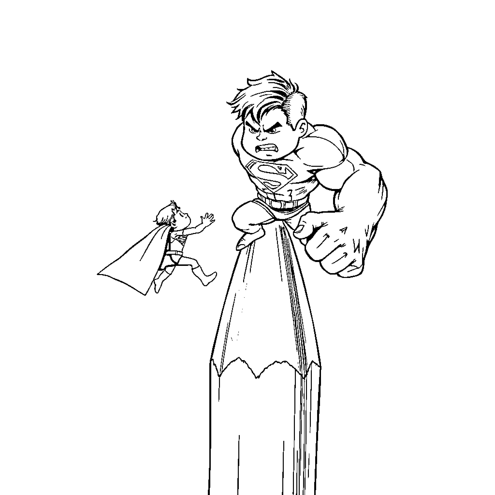 Superman defeating a small enemy Coloring Page (free black-and-white line drawing printable PDF for all, from beginners to advanced learners, including children, teens, adults, and seniors)