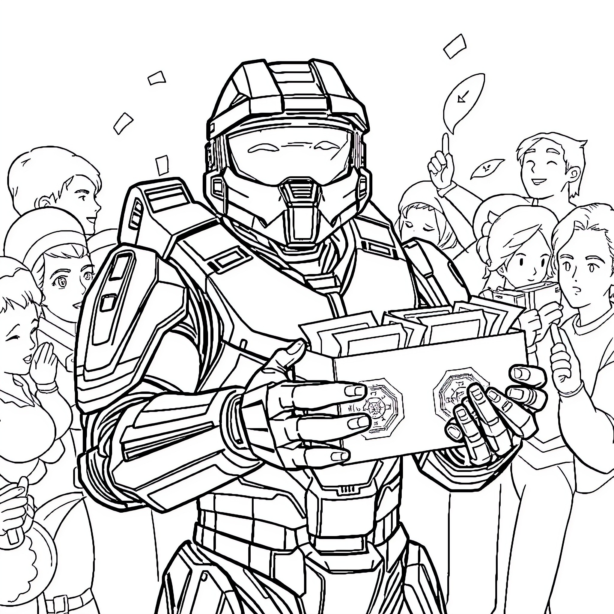 Halo Master Chief leading a group of people Coloring Page (free black-and-white line drawing printable PDF for all, from beginners to advanced learners, including children, teens, adults, and seniors)