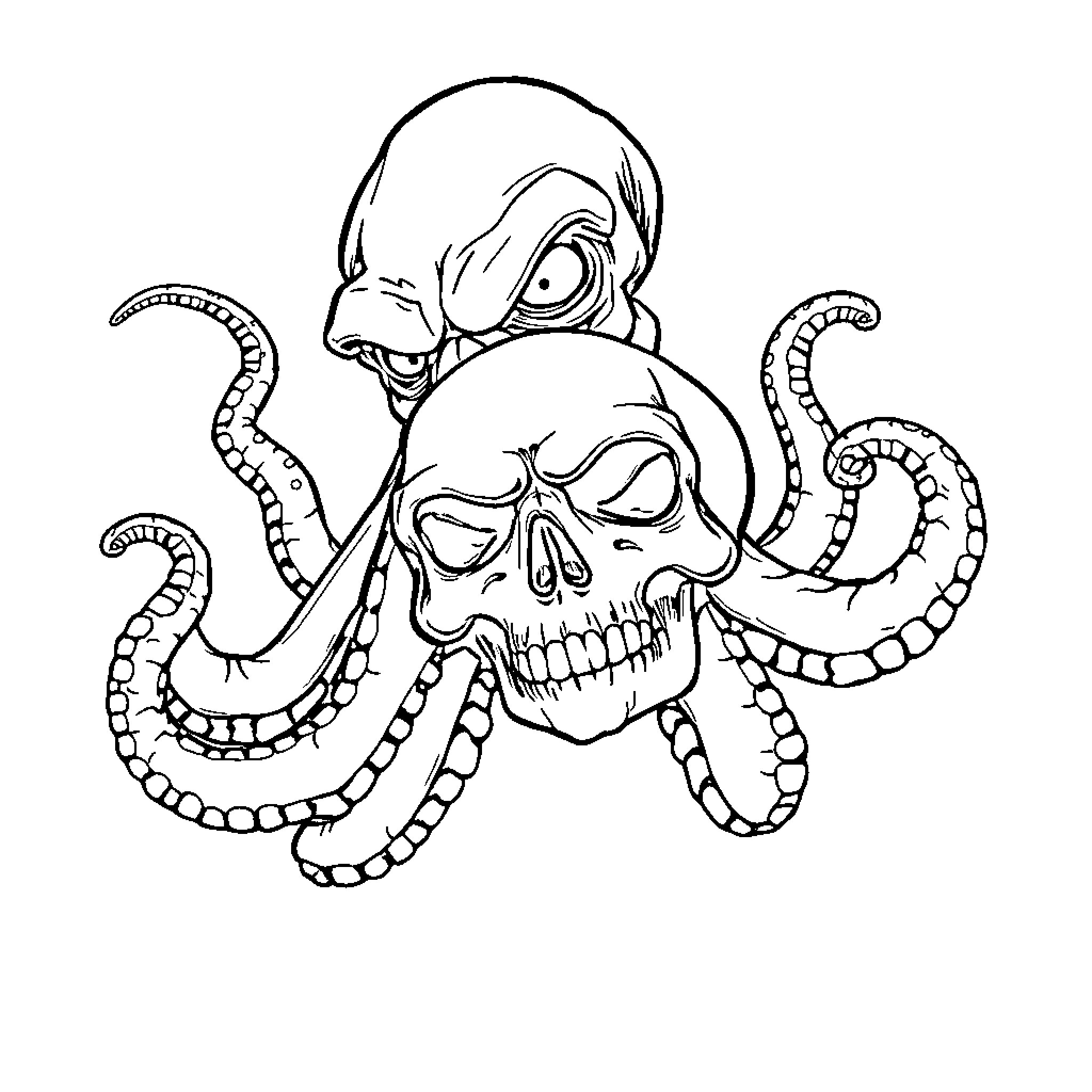 Octopus Man menacing with skull Coloring Page (free black-and-white line drawing printable PDF for all, from beginners to advanced learners, including children, teens, adults, and seniors)
