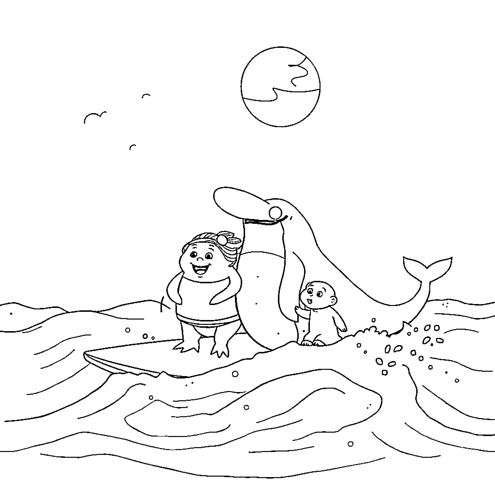 Barbapapa's oceanic adventure with sea creatures Coloring Page (free black-and-white line drawing printable PDF for all, from beginners to advanced learners, including children, teens, adults, and seniors)