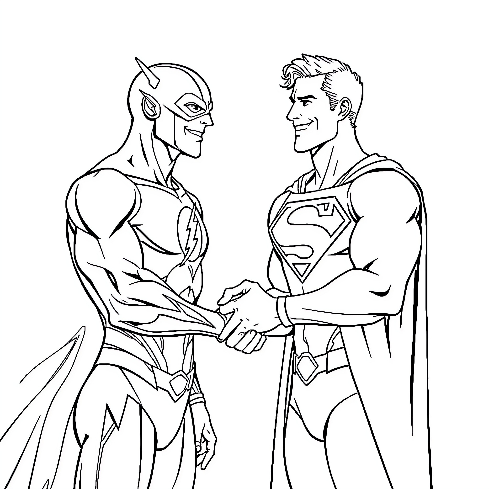Flash Superheroes Shake Hands in Greeting Coloring Page (free black-and-white line drawing printable PDF for all, from beginners to advanced learners, including children, teens, adults, and seniors)