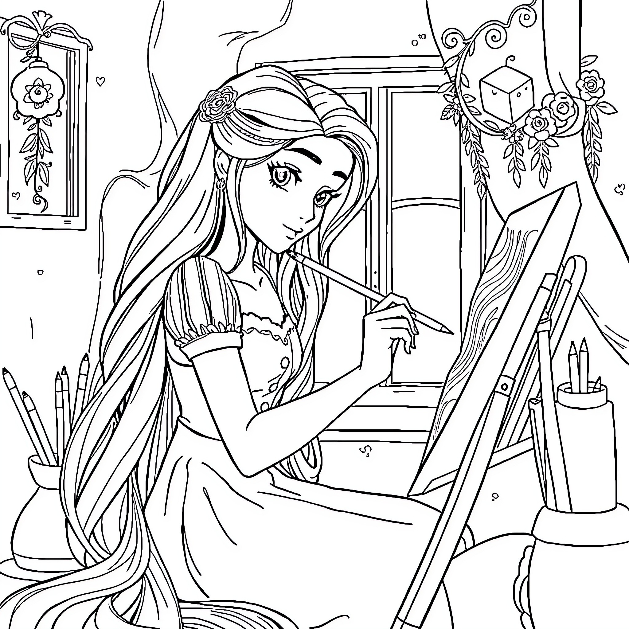 Rapunzel paints and creates art in her studio Coloring Page (free black-and-white line drawing printable PDF for all, from beginners to advanced learners, including children, teens, adults, and seniors)
