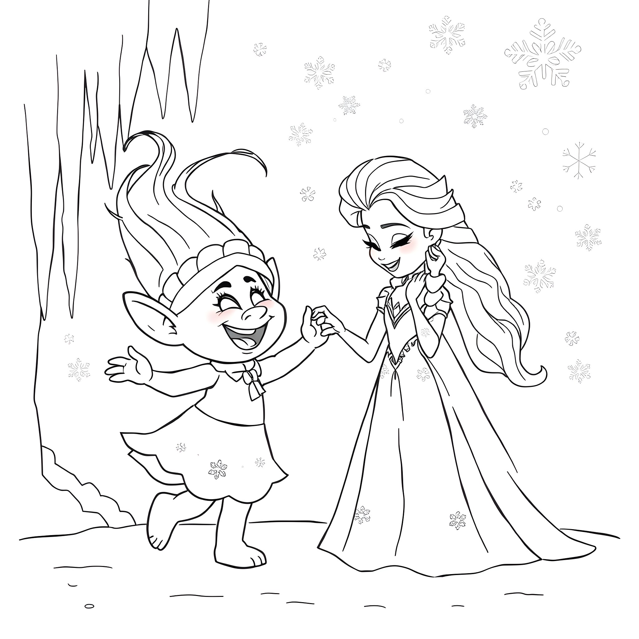 Troll happily dancing with a princess in a winter wonderland Coloring Page (free black-and-white line drawing printable PDF for all, from beginners to advanced learners, including children, teens, adults, and seniors)