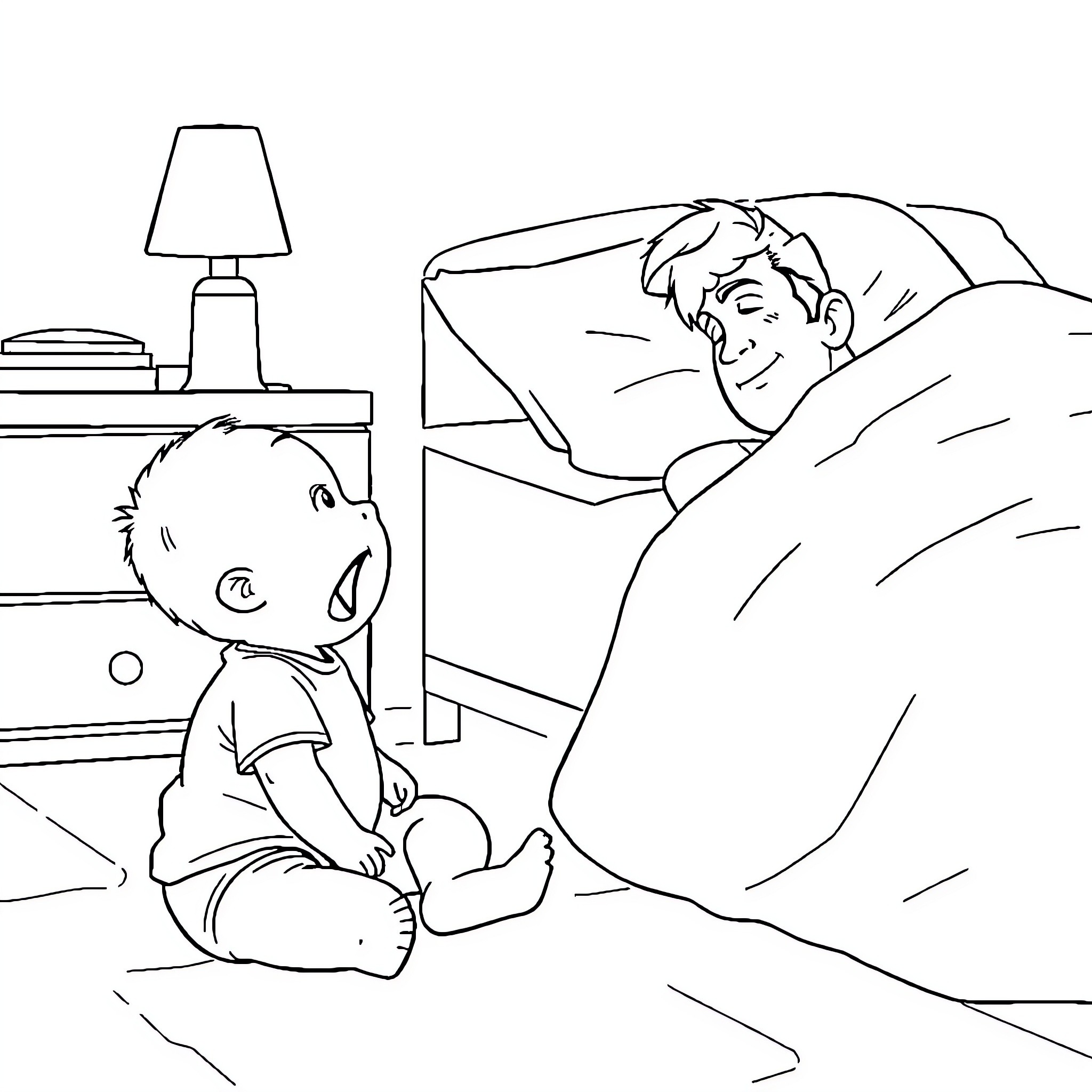 Baby napping peacefully in bed with teddy bear Coloring Page (free black-and-white line drawing printable PDF for all, from beginners to advanced learners, including children, teens, adults, and seniors)