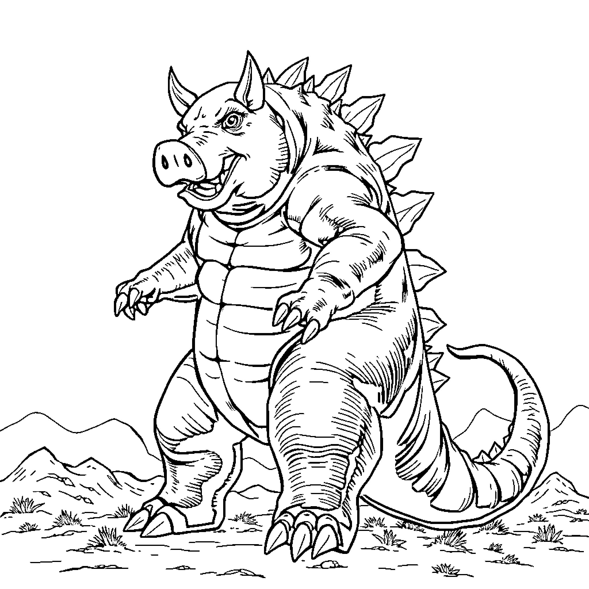 Godzilla-inspired Dinosaur Creature in the Wild Coloring Page (free black-and-white line drawing printable PDF for all, from beginners to advanced learners, including children, teens, adults, and seniors)