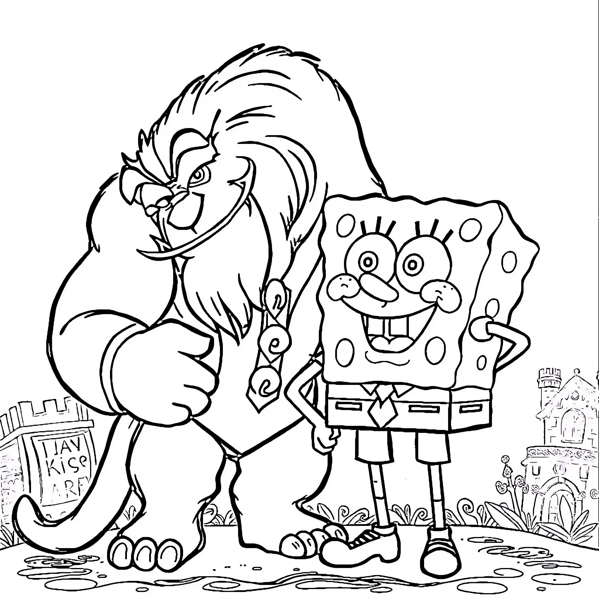 Beast engaged in a friendly encounter with an animated character Coloring Page (free black-and-white line drawing printable PDF for all, from beginners to advanced learners, including children, teens, adults, and seniors)