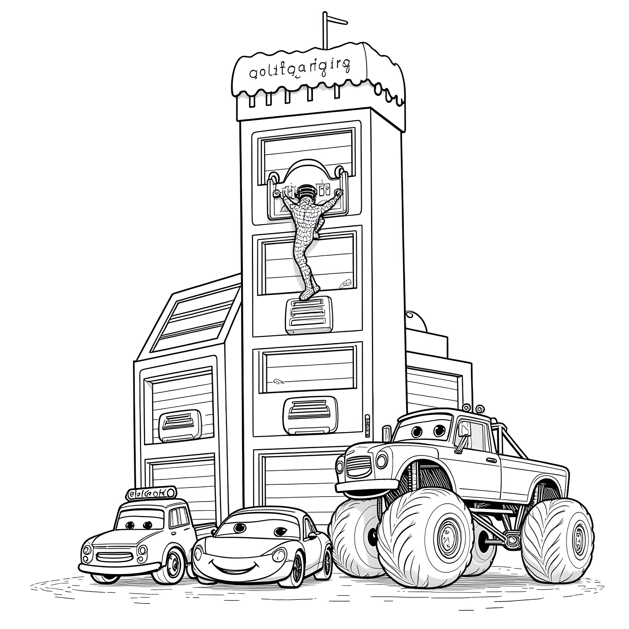 Spiderman rescuing vehicles from a dangerous structure Coloring Page (free black-and-white line drawing printable PDF for all, from beginners to advanced learners, including children, teens, adults, and seniors)
